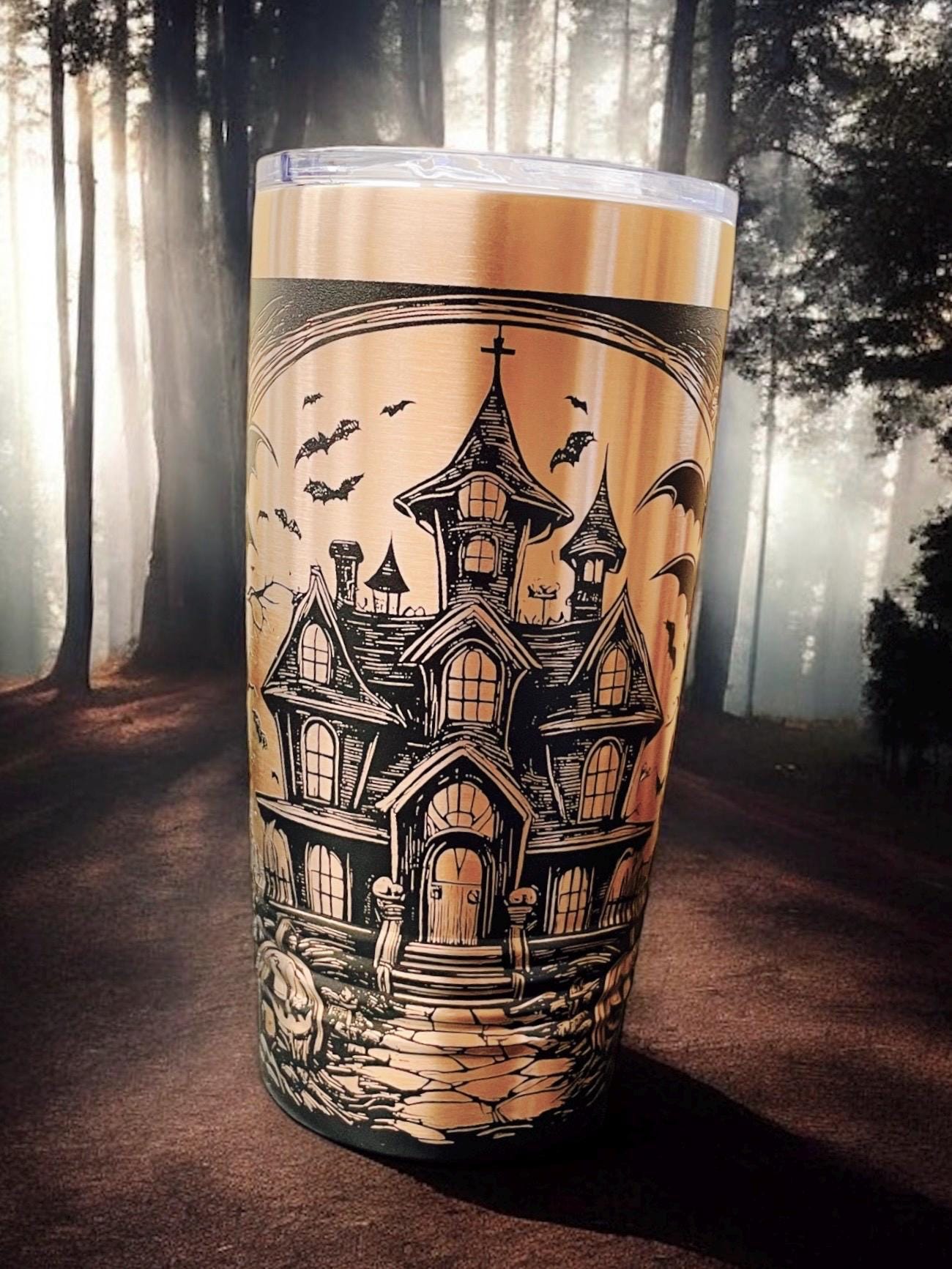 Spooky Halloween Haunted House Themed Tumbler / White or Black & Rose Gold 20oz. Etched Tumbler / Laser Engraved / Halloween Gift