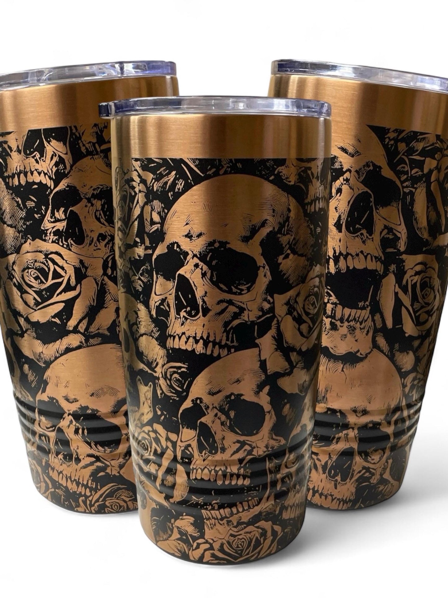 Skulls and Roses Tumbler / White or Black & Rose Gold 20oz. Etched Tumbler / Laser Engraved / Halloween Gift | Valentine's Day Gift