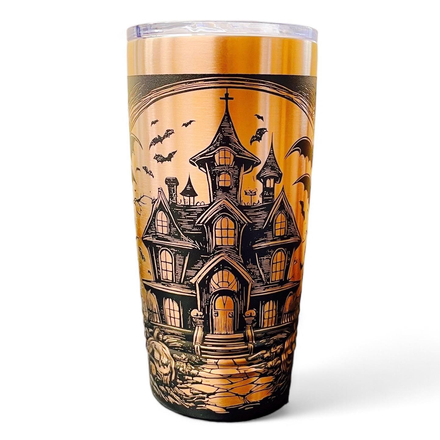 Spooky Halloween Haunted House Themed Tumbler / White or Black & Rose Gold 20oz. Etched Tumbler / Laser Engraved / Halloween Gift