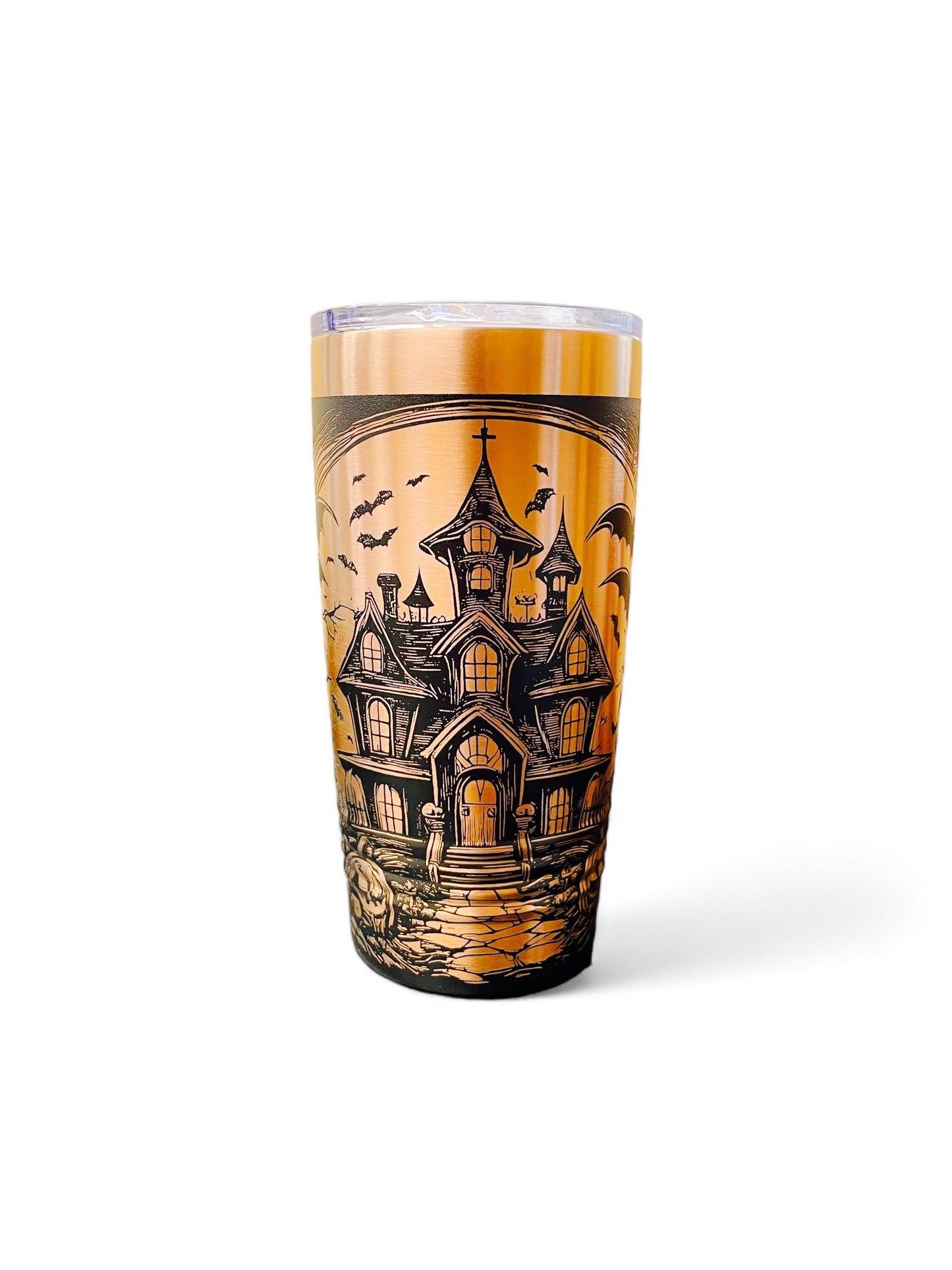 Spooky Halloween Haunted House Themed Tumbler / White or Black & Rose Gold 20oz. Etched Tumbler / Laser Engraved / Halloween Gift