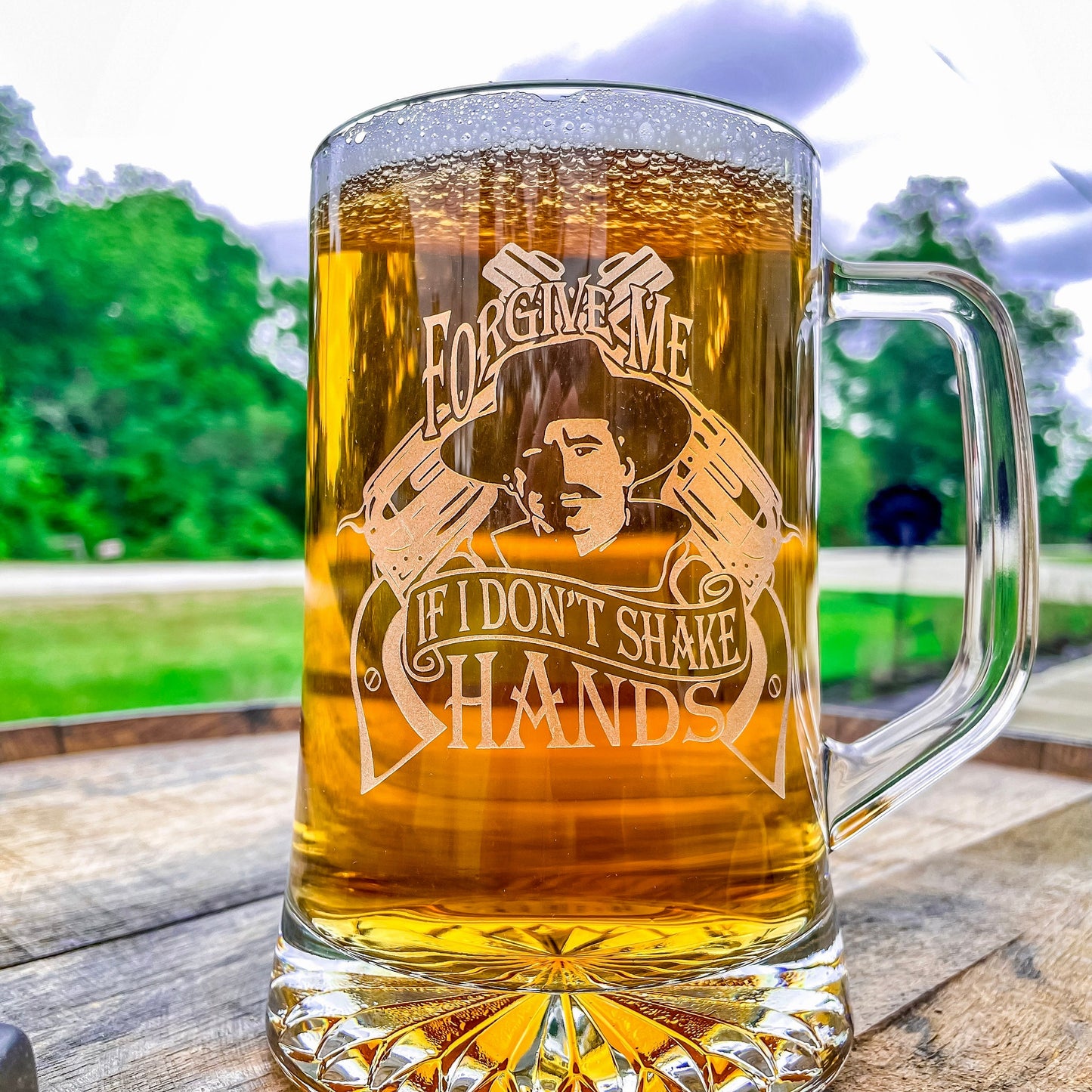 Doc Holliday Mug / Forgive Me / Engraved 23 oz. Glass Beer Mug / Gift for Him / Gifts for Men / Father's Day Gift / Valentine's Day Gift