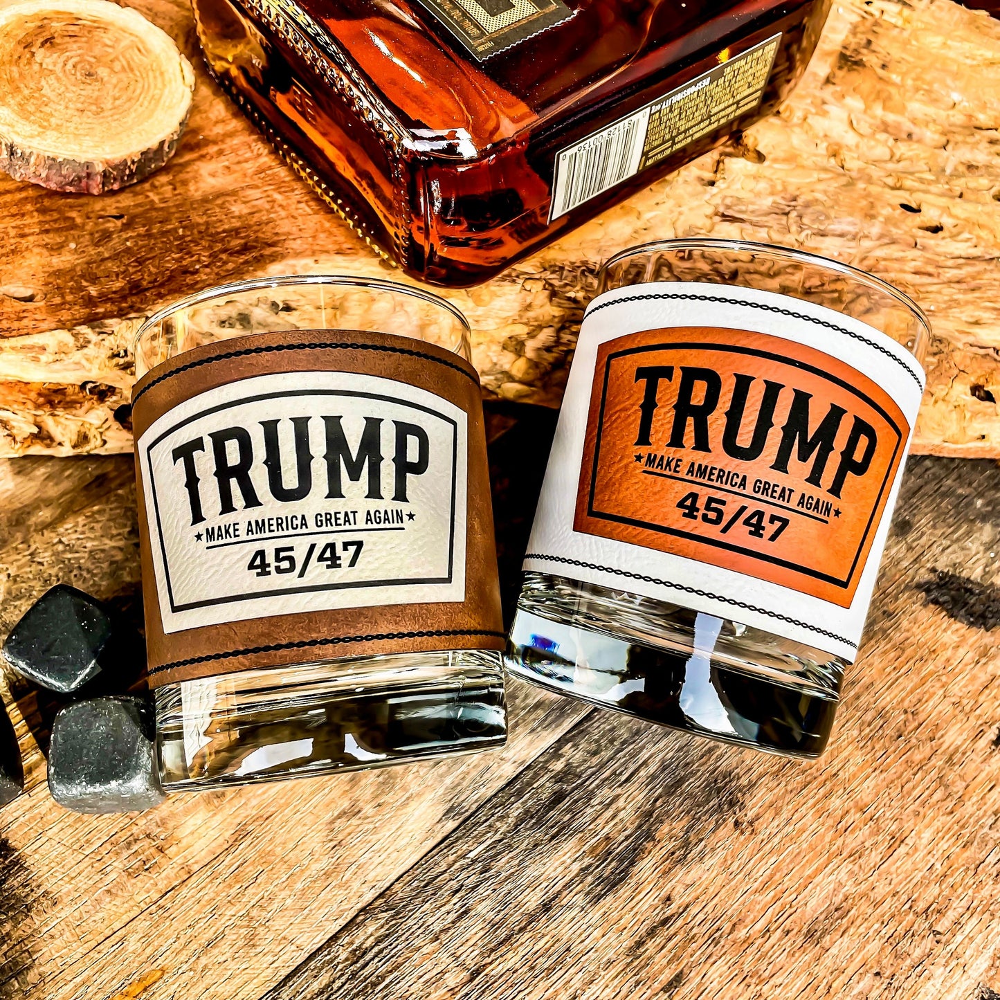 Trump 45/47 Whiskey Glass / Trump 2024 Bourbon Glass / Scotch Glass / Engraved Leatherette Wrap / Single Glass / Father's Day Gift / Valentine's Day Gift