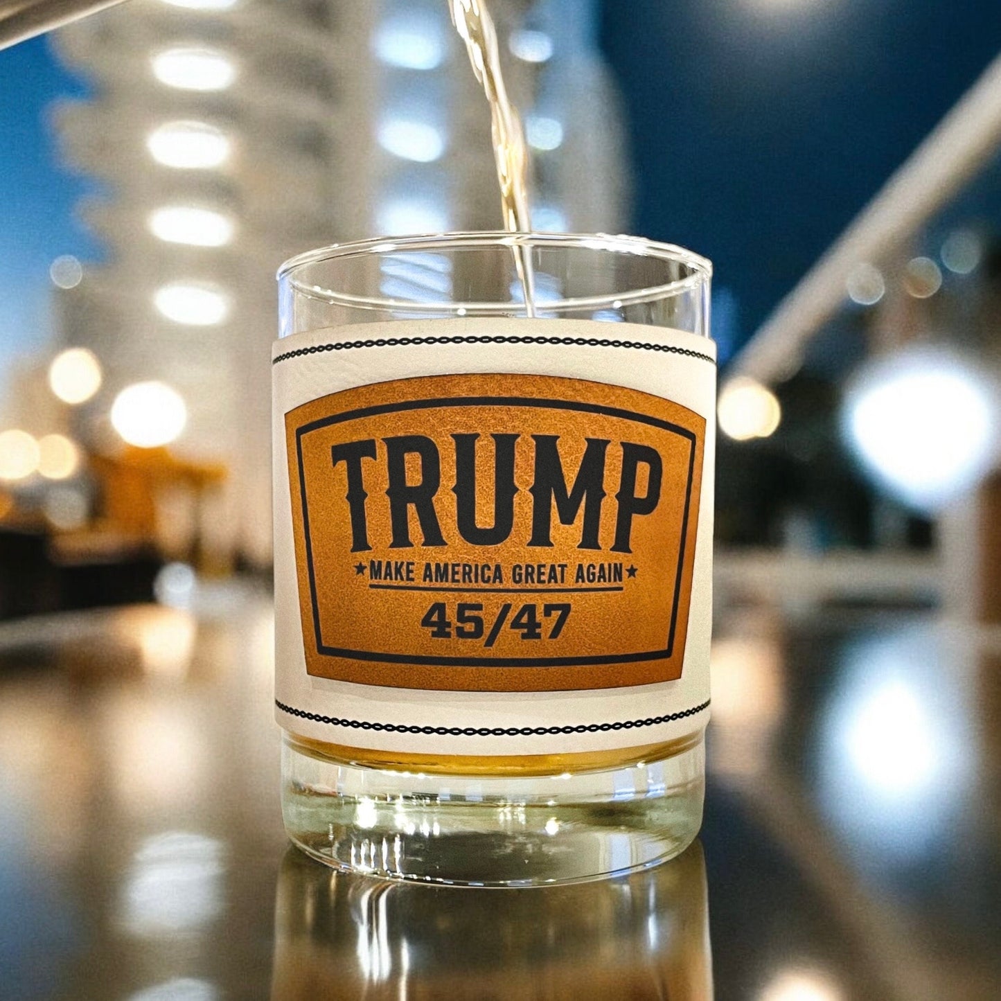 Trump 45/47 Whiskey Glass / Trump 2024 Bourbon Glass / Scotch Glass / Engraved Leatherette Wrap / Single Glass / Father's Day Gift / Valentine's Day Gift