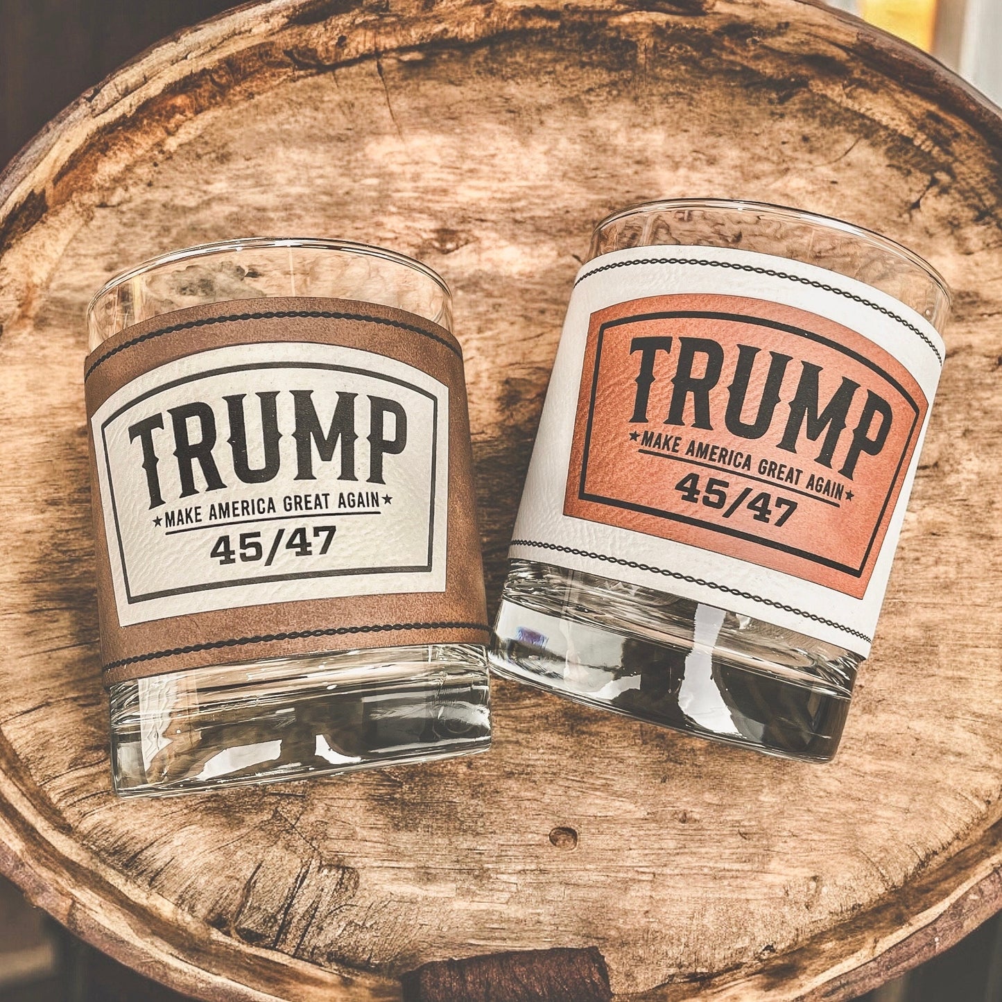 Trump 45/47 Whiskey Glass / Trump 2024 Bourbon Glass / Scotch Glass / Engraved Leatherette Wrap / Single Glass / Father's Day Gift / Valentine's Day Gift