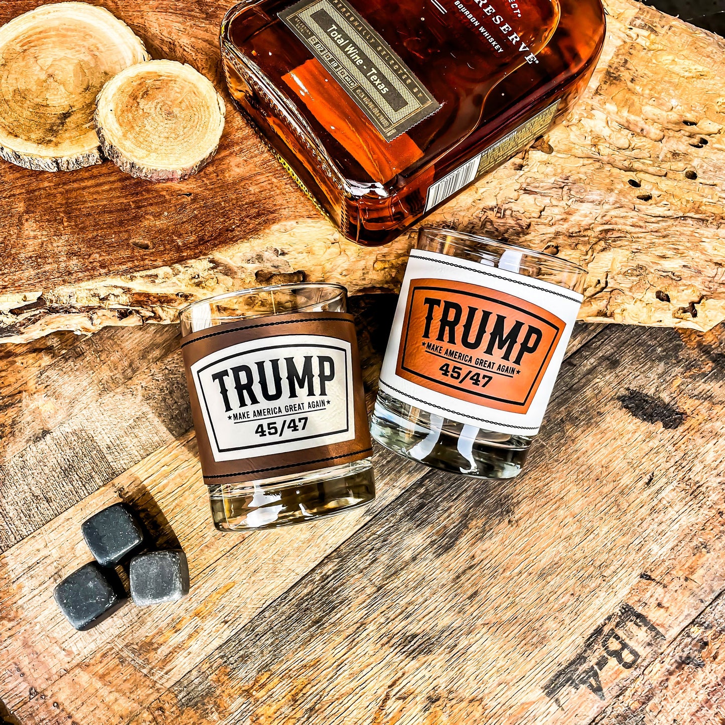 Trump 45/47 Whiskey Glass / Trump 2024 Bourbon Glass / Scotch Glass / Engraved Leatherette Wrap / Single Glass / Father's Day Gift / Valentine's Day Gift