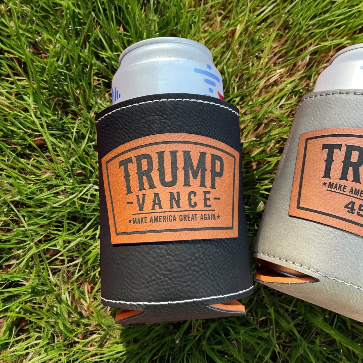 Trump 2024 Leatherette Can Cooler | Trump Vance Laser Engraved | Patriotic Drink Holder | Gift for Dad | Election Gift Idea / Valentine's Day Gift