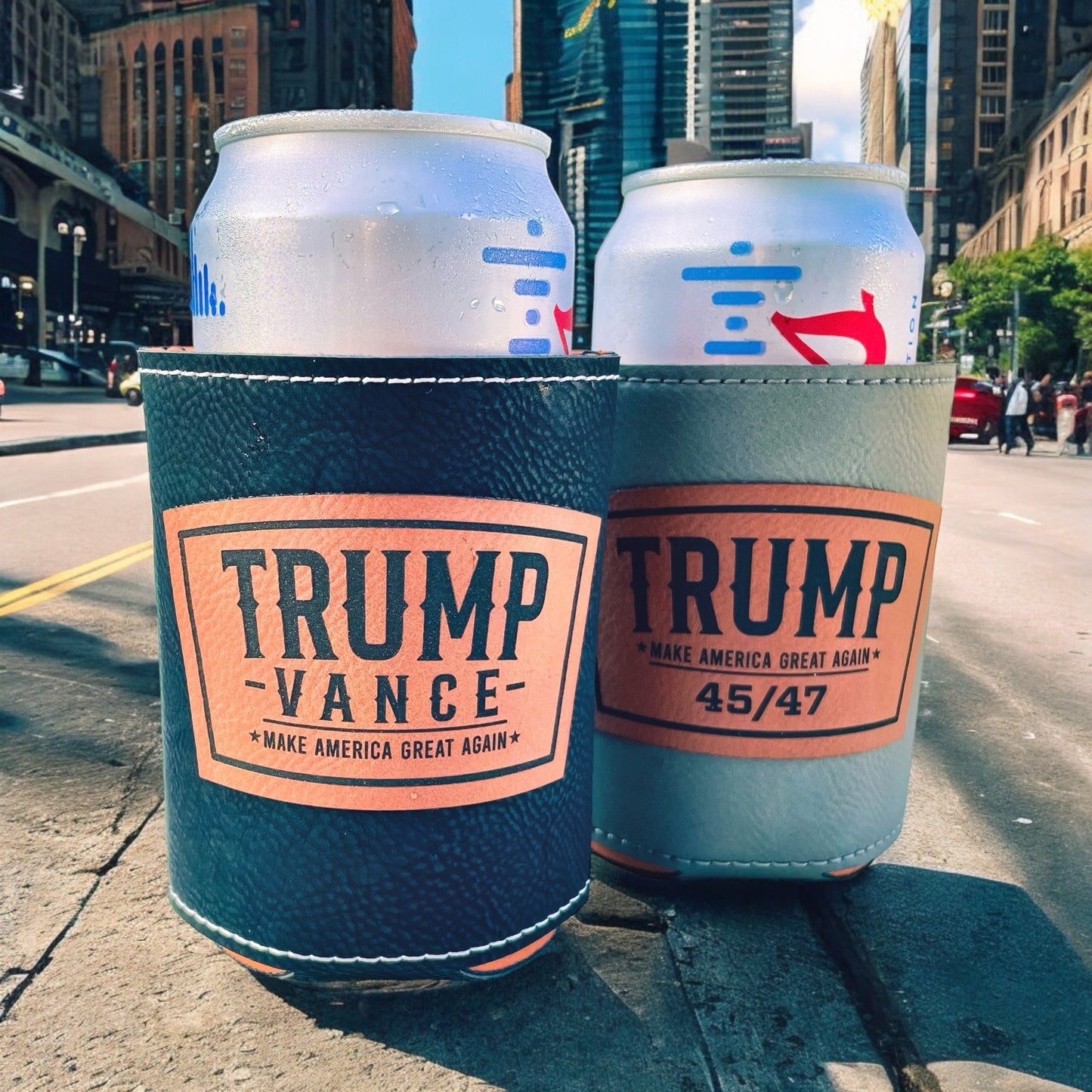 Trump 2024 Leatherette Can Cooler | Trump Vance Laser Engraved | Patriotic Drink Holder | Gift for Dad | Election Gift Idea / Valentine's Day Gift