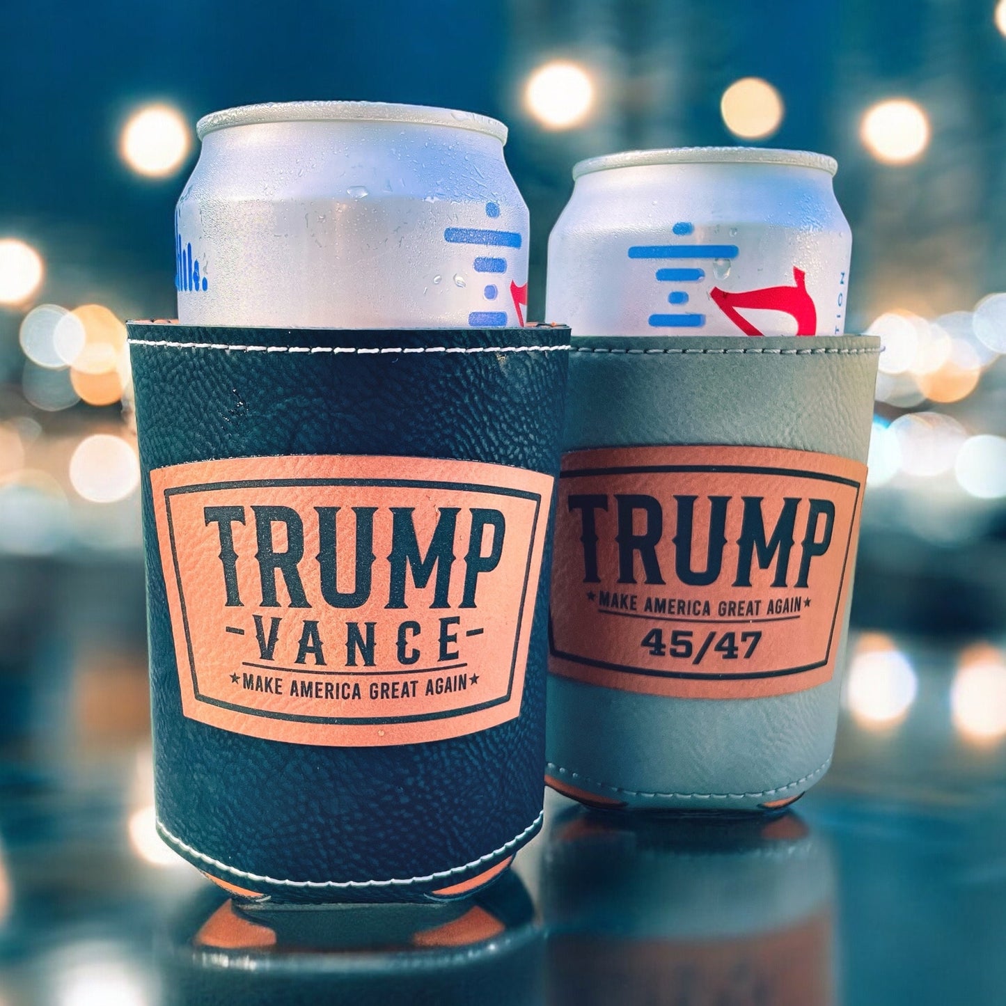 Trump 2024 Leatherette Can Cooler | Trump Vance Laser Engraved | Patriotic Drink Holder | Gift for Dad | Election Gift Idea / Valentine's Day Gift