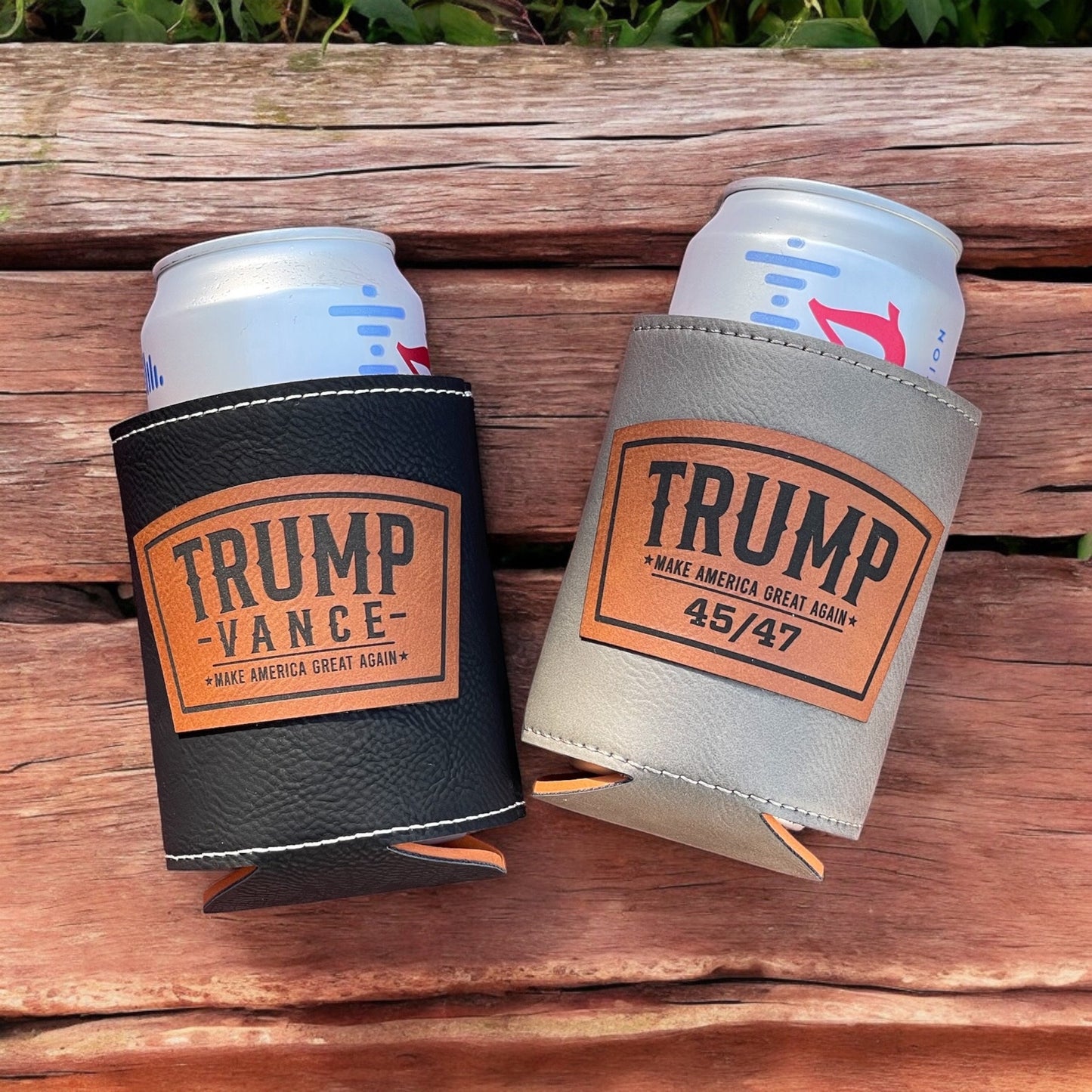 Trump 2024 Leatherette Can Cooler | Trump Vance Laser Engraved | Patriotic Drink Holder | Gift for Dad | Election Gift Idea / Valentine's Day Gift