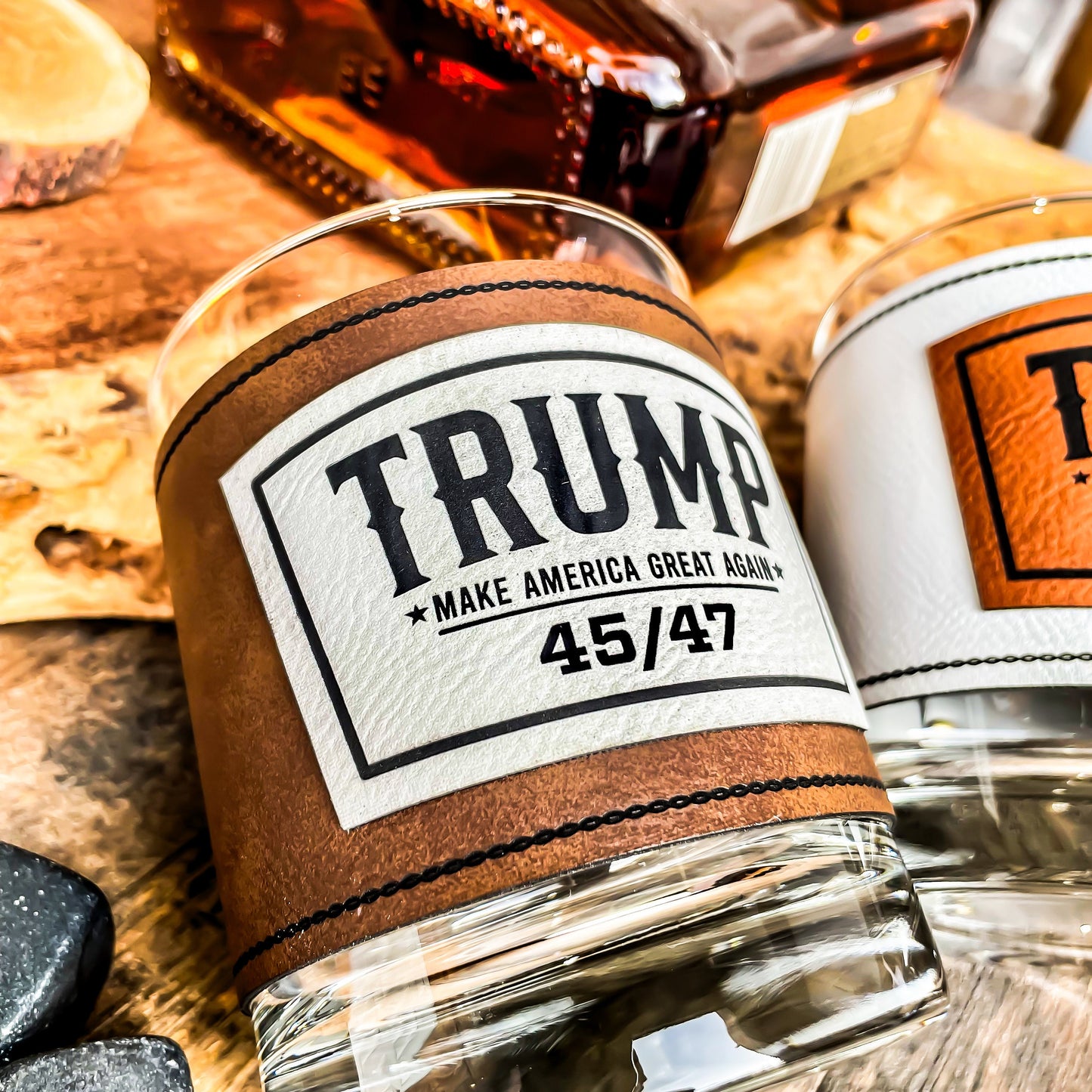 Trump 45/47 Whiskey Glass / Trump 2024 Bourbon Glass / Scotch Glass / Engraved Leatherette Wrap / Single Glass / Father's Day Gift / Valentine's Day Gift