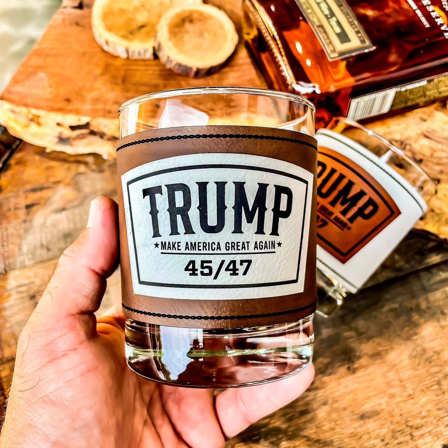 Trump 45/47 Whiskey Glass / Trump 2024 Bourbon Glass / Scotch Glass / Engraved Leatherette Wrap / Single Glass / Father's Day Gift / Valentine's Day Gift