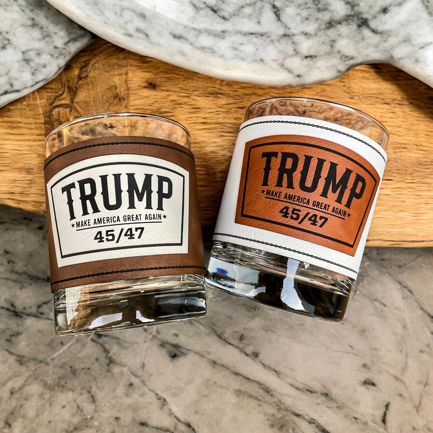 Trump 45/47 Whiskey Glass / Trump 2024 Bourbon Glass / Scotch Glass / Engraved Leatherette Wrap / Single Glass / Father's Day Gift / Valentine's Day Gift