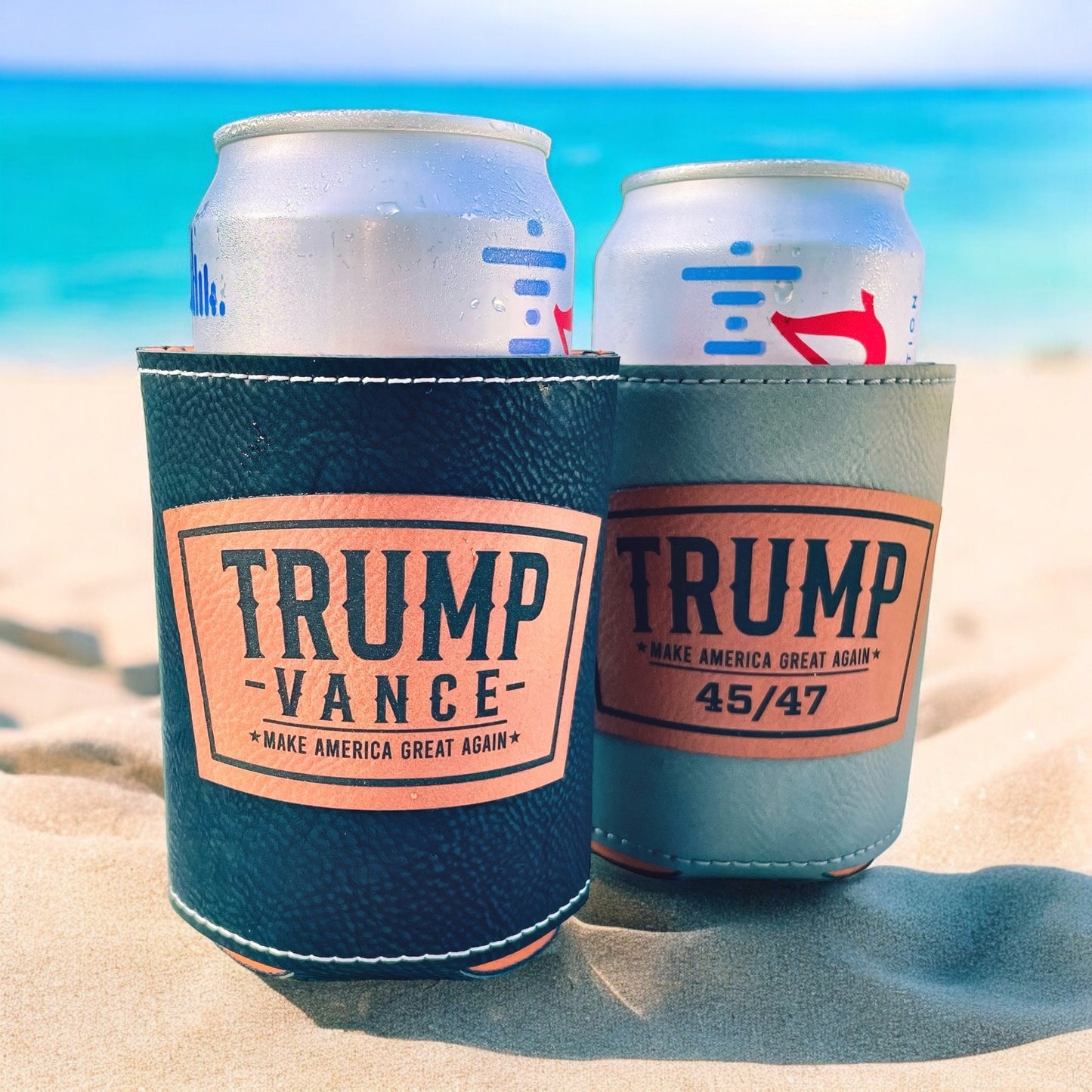 Trump 2024 Leatherette Can Cooler | Trump Vance Laser Engraved | Patriotic Drink Holder | Gift for Dad | Election Gift Idea / Valentine's Day Gift