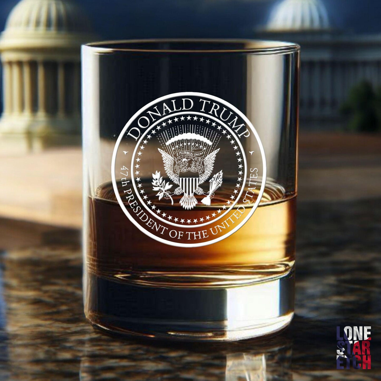 Donald J. Trump 47th Presidential Seal Whiskey Glass / Bourbon Glass / Patriotic Whiskey Glass - Celebrate the Historic 2024 Election Victory of Donald J. Trump! / Valentine's Day Gift