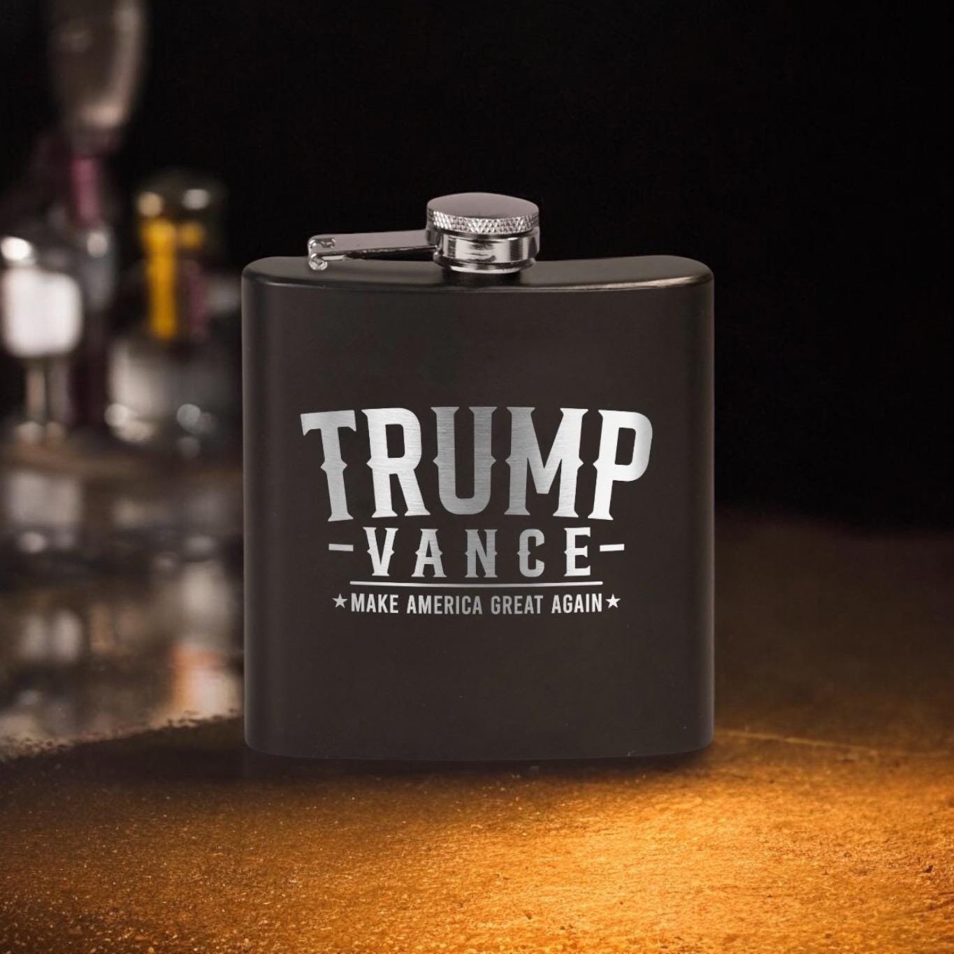 Trump Vance Laser Etched Black Stainless Steel Hip Flask | Political Gift | Trump 2024 Flask | Election Gear | Trump Merch / Valentine's Day Gift