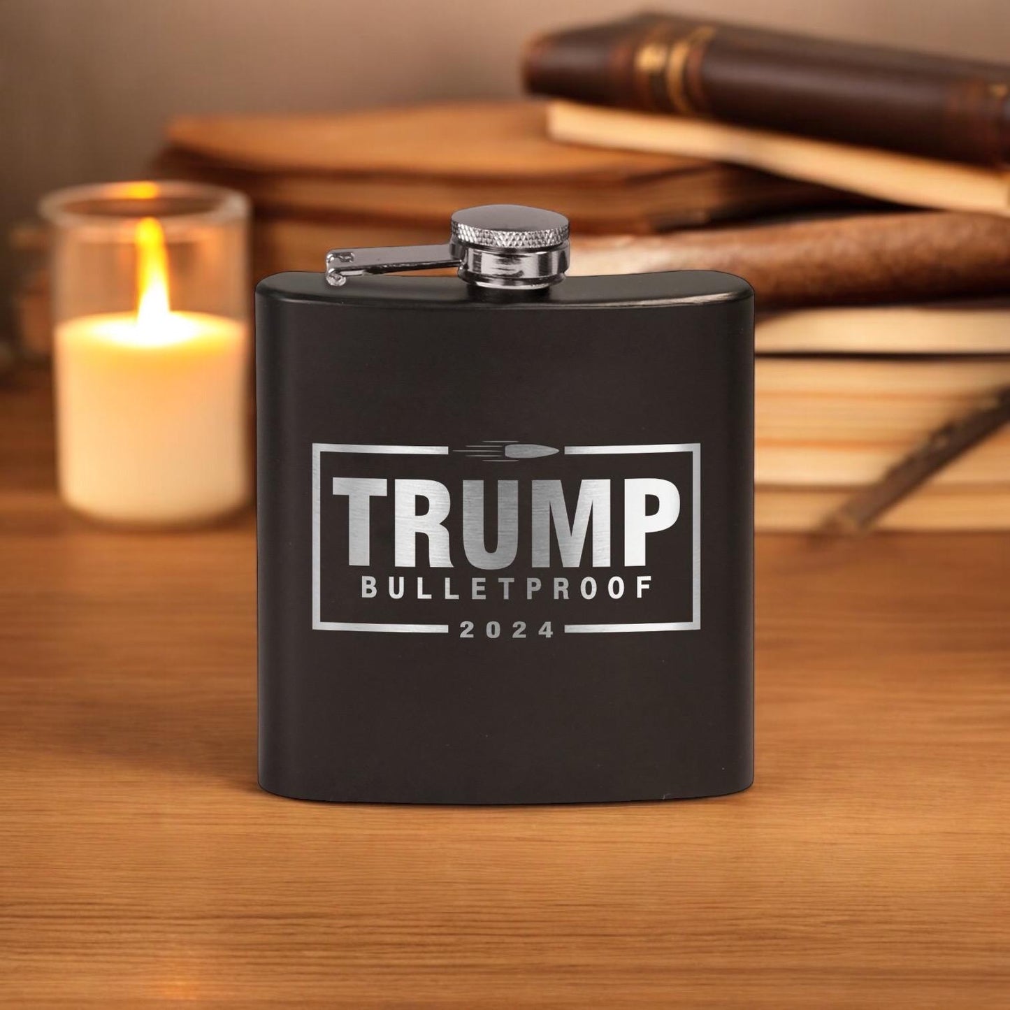 Trump Bulletproof Laser Engraved Black Stainless Steel Hip Flask | Political Gift | Trump 2024 Flask | Trump Merch | Election Gear | / Valentine's Day Gift
