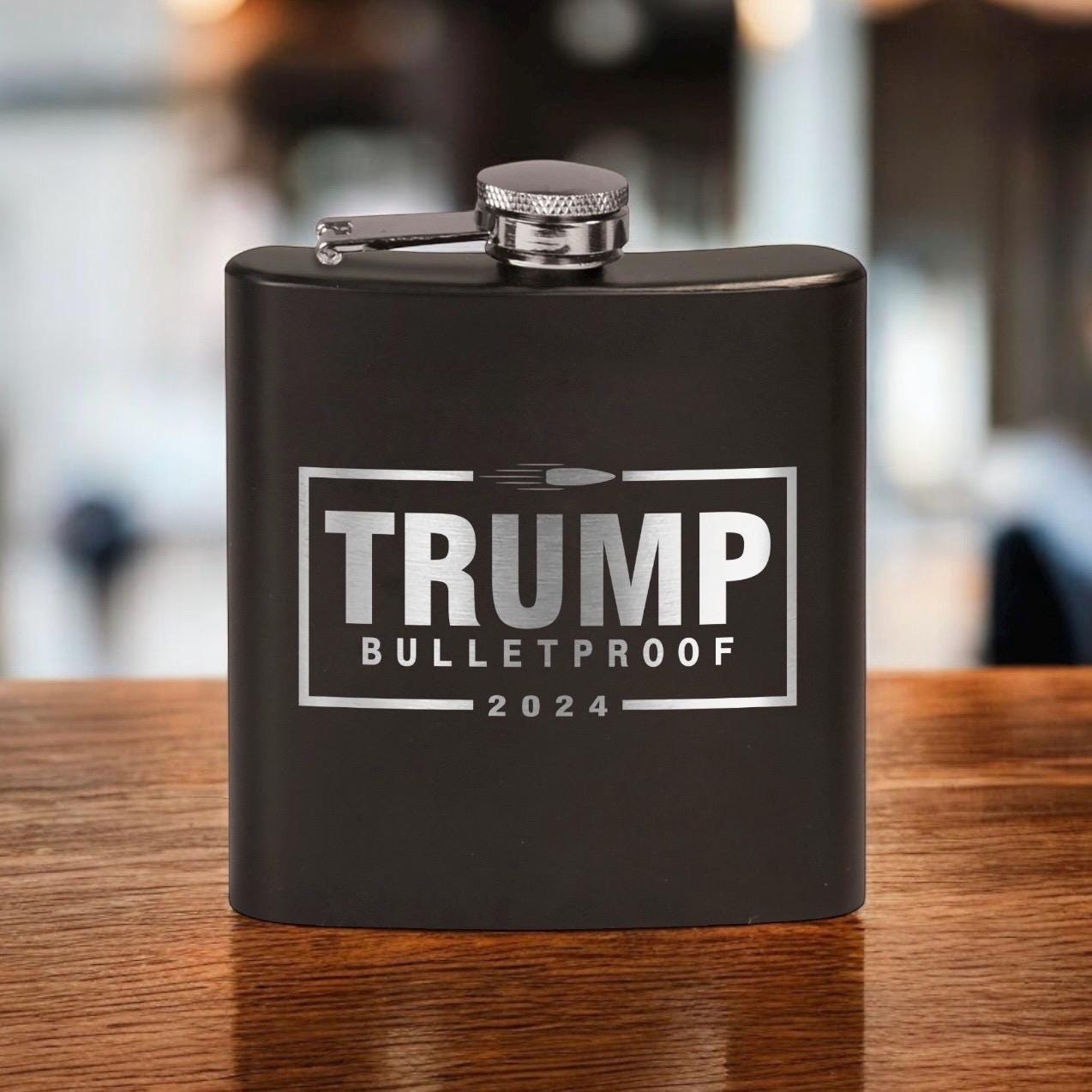 Trump Bulletproof Laser Engraved Black Stainless Steel Hip Flask | Political Gift | Trump 2024 Flask | Trump Merch | Election Gear | / Valentine's Day Gift