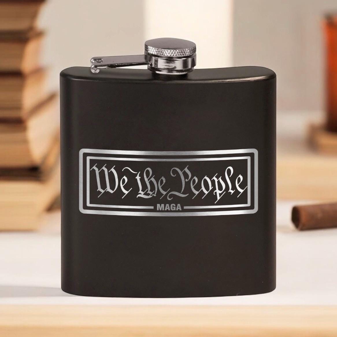 We The People MAGA Laser Etched Black Stainless Hip Flask | Political Gift | Trump 2024 Flask | Election Gear | Trump Merch / Valentine's Day Gift