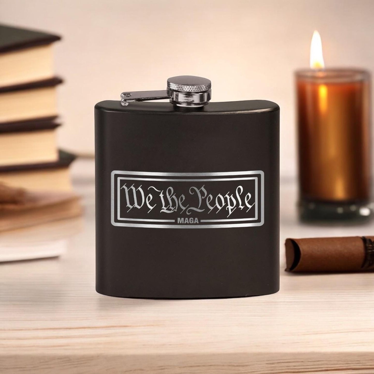 We The People MAGA Laser Etched Black Stainless Hip Flask | Political Gift | Trump 2024 Flask | Election Gear | Trump Merch / Valentine's Day Gift