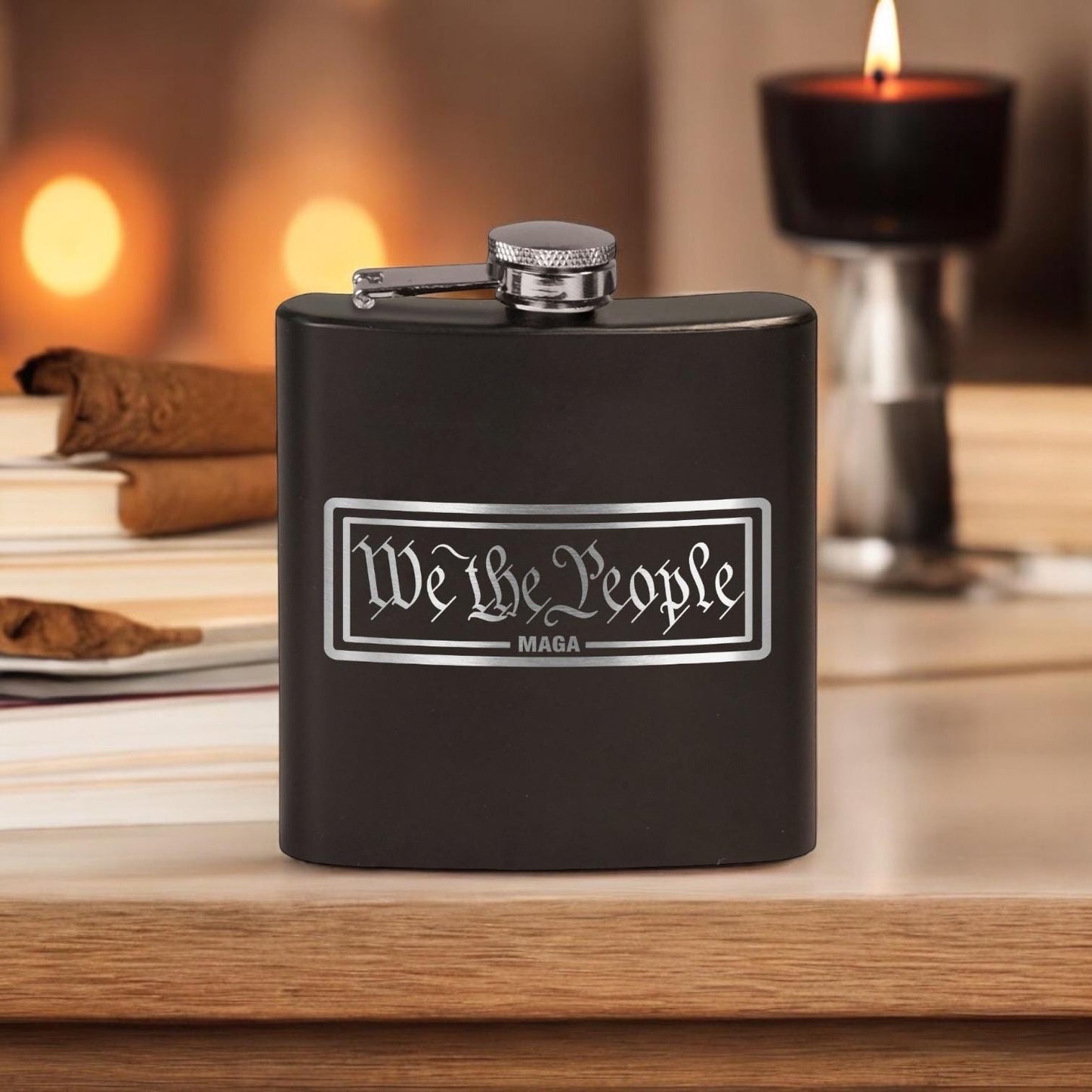 We The People MAGA Laser Etched Black Stainless Hip Flask | Political Gift | Trump 2024 Flask | Election Gear | Trump Merch / Valentine's Day Gift