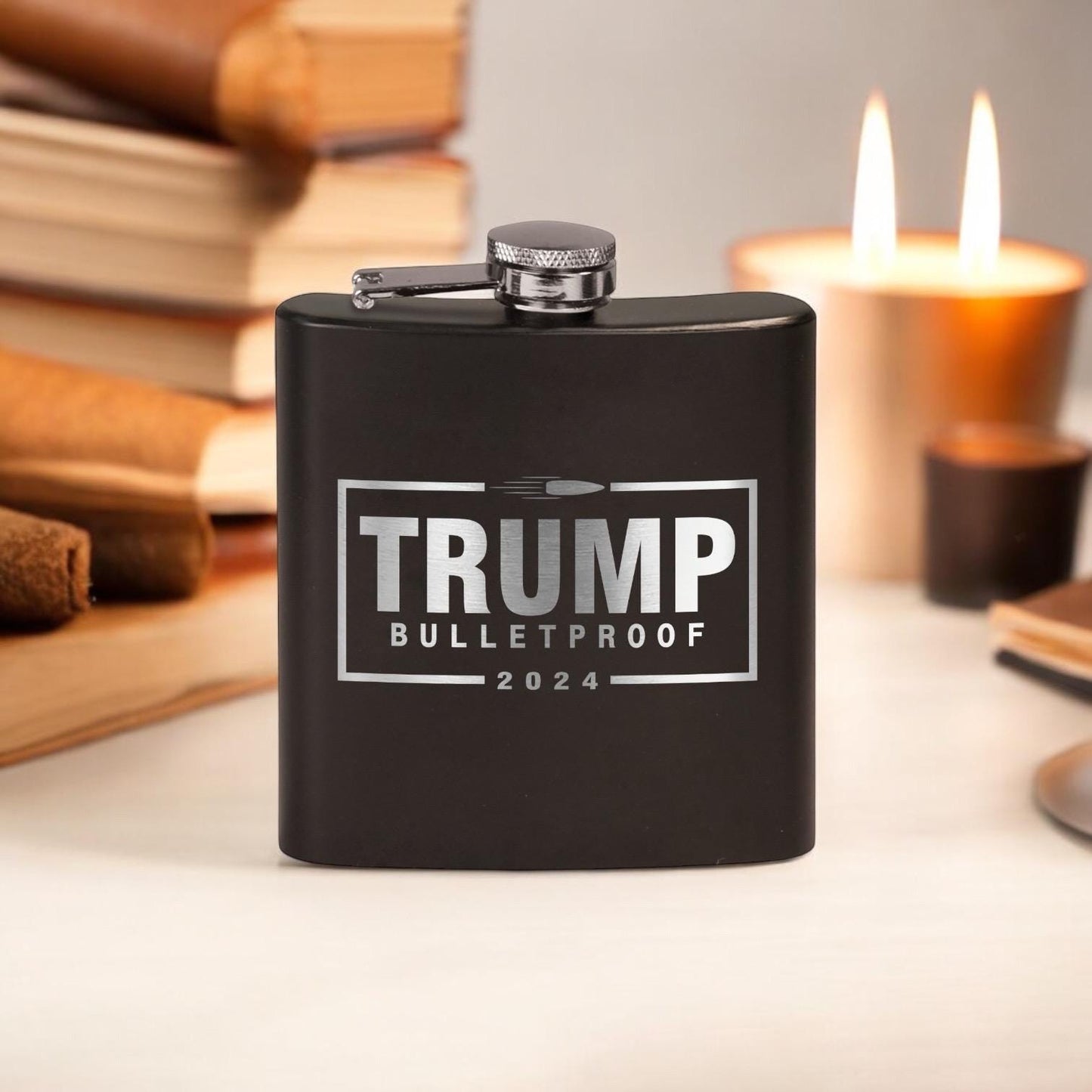 Trump Bulletproof Laser Engraved Black Stainless Steel Hip Flask | Political Gift | Trump 2024 Flask | Trump Merch | Election Gear | / Valentine's Day Gift