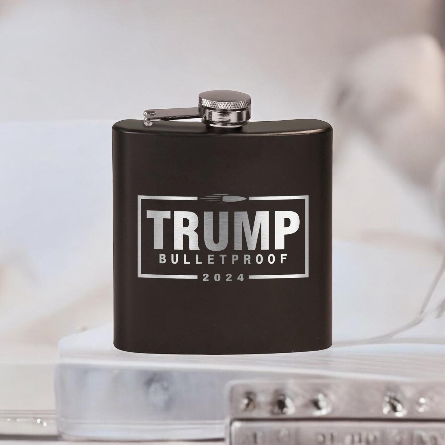Trump Bulletproof Laser Engraved Black Stainless Steel Hip Flask | Political Gift | Trump 2024 Flask | Trump Merch | Election Gear | / Valentine's Day Gift