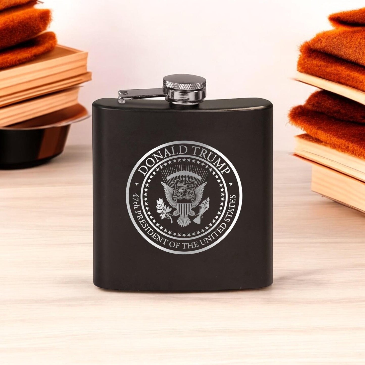 Trump 47th Presidential Seal Laser Engraved Black Stainless Steel Hip Flask | Political Gift | Trump 2024 Flask | Trump Merch / Valentine's Day Gift
