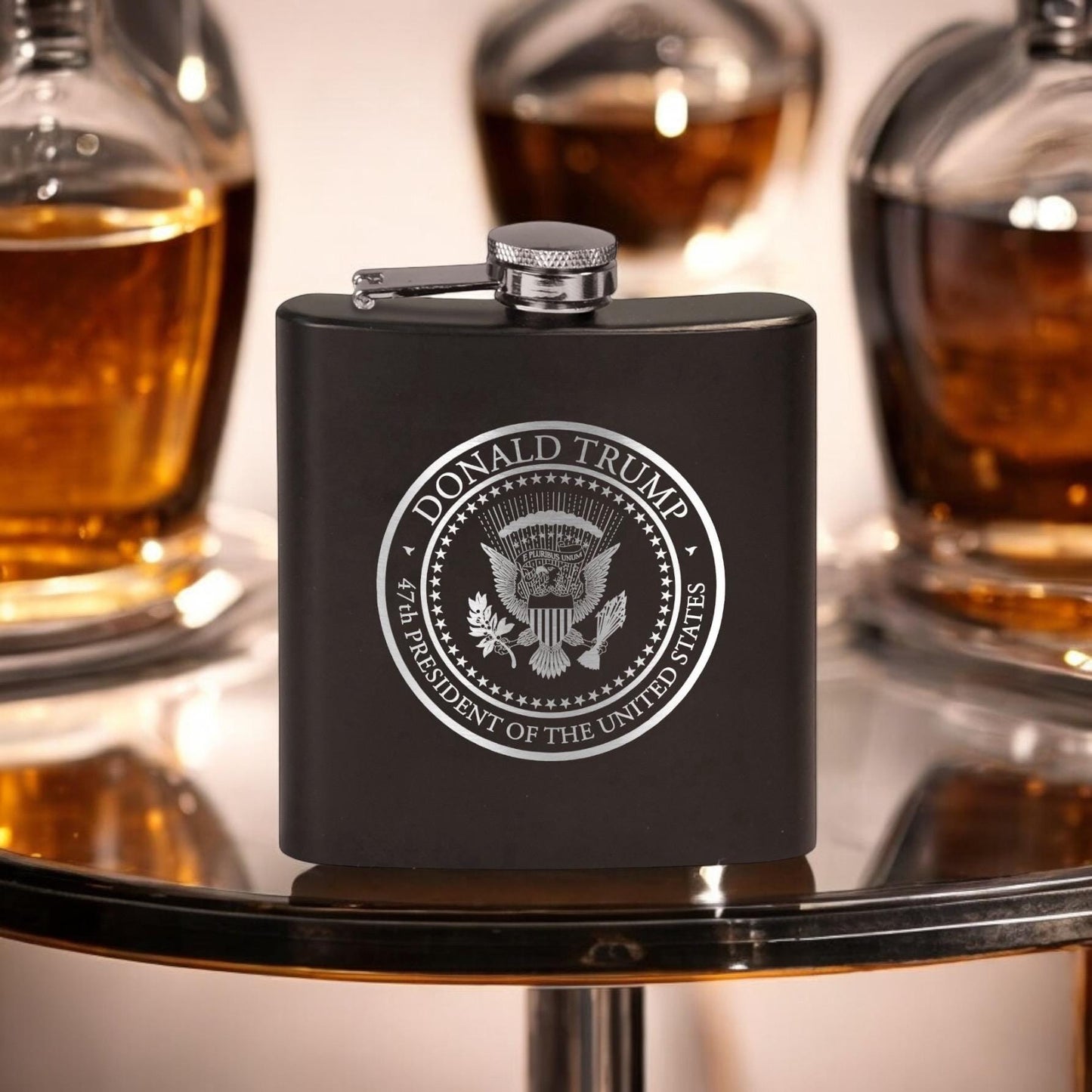 Trump 47th Presidential Seal Laser Engraved Black Stainless Steel Hip Flask | Political Gift | Trump 2024 Flask | Trump Merch / Valentine's Day Gift