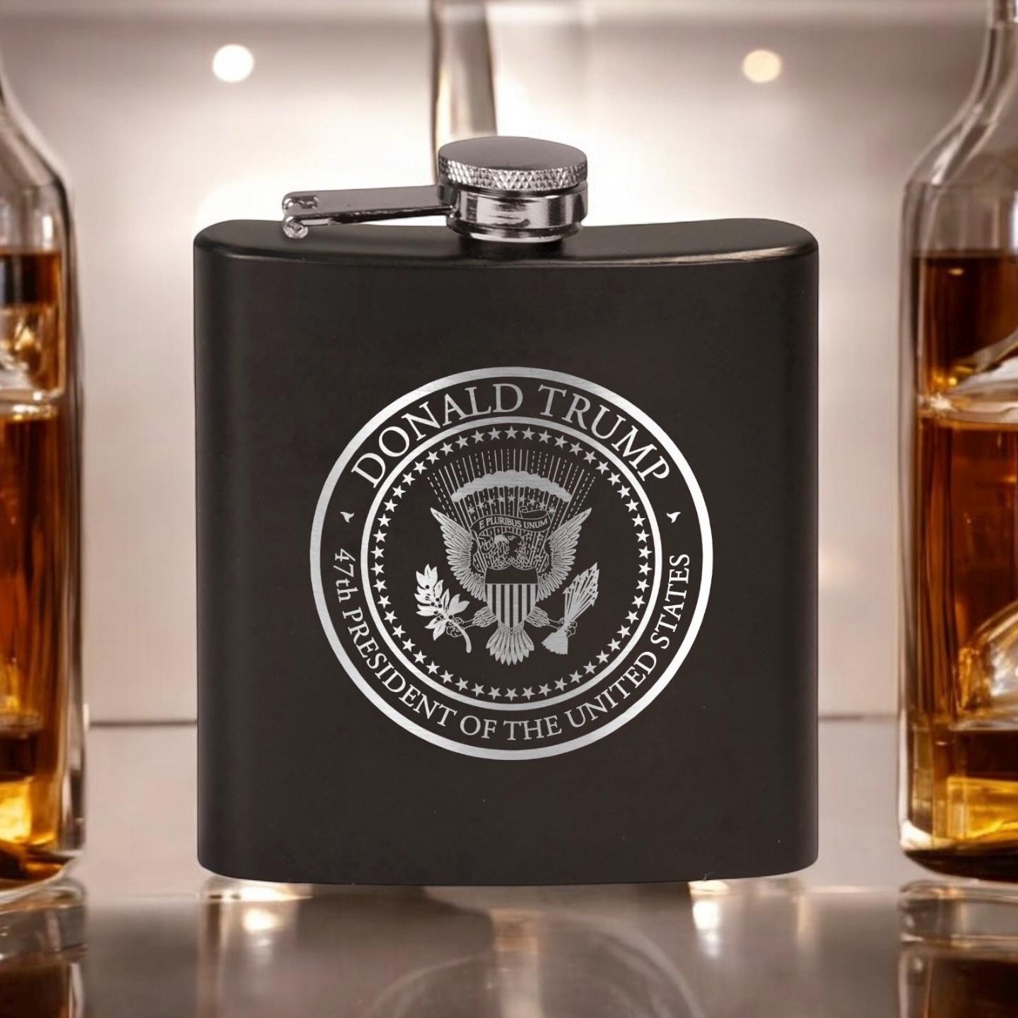 Trump 47th Presidential Seal Laser Engraved Black Stainless Steel Hip Flask | Political Gift | Trump 2024 Flask | Trump Merch / Valentine's Day Gift