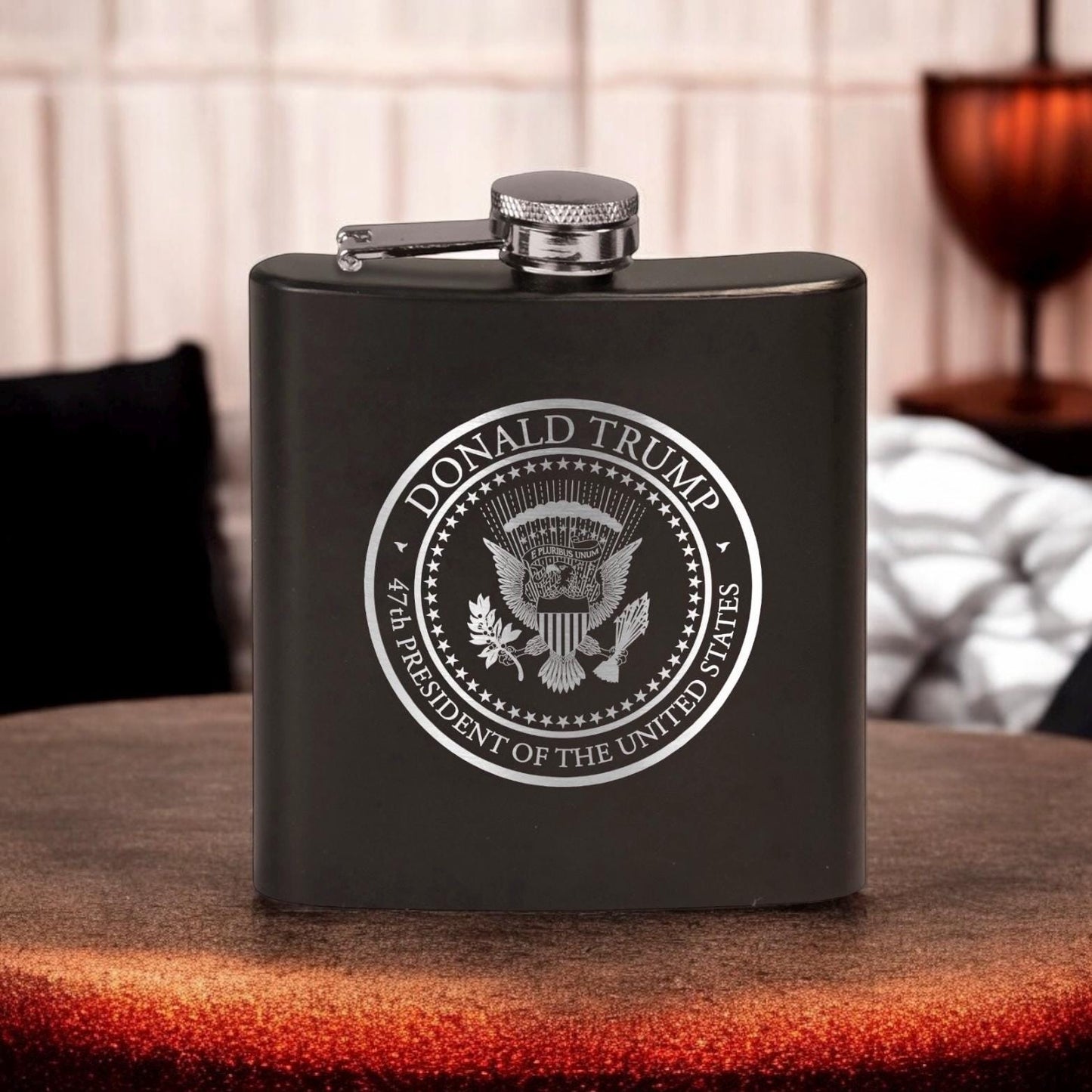 Trump 47th Presidential Seal Laser Engraved Black Stainless Steel Hip Flask | Political Gift | Trump 2024 Flask | Trump Merch / Valentine's Day Gift