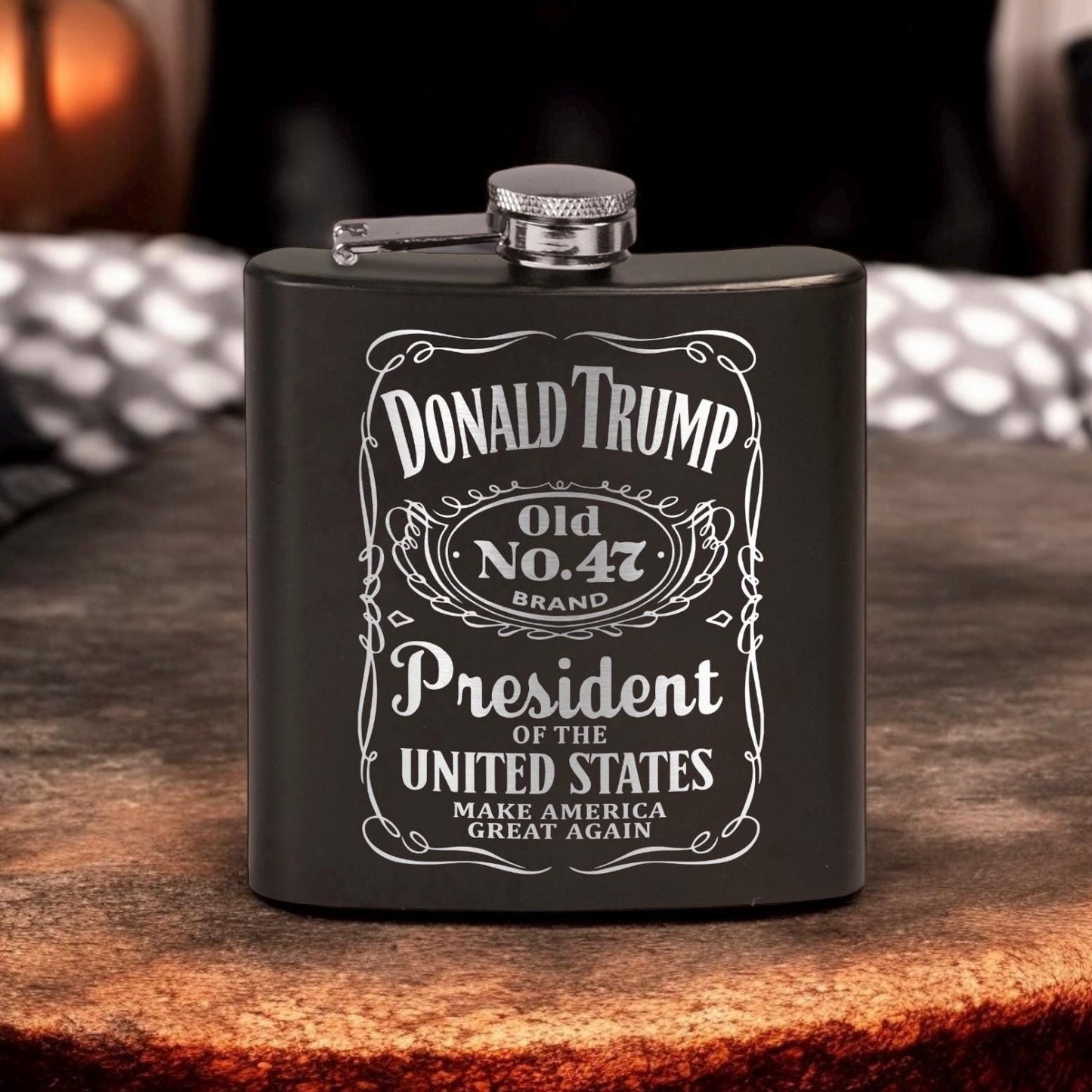 Trump Old No 47 Laser Engraved Black Stainless Steel Hip Flask | Political Gift | Trump 2024 Flask | Trump Merch / Valentine's Day Gift