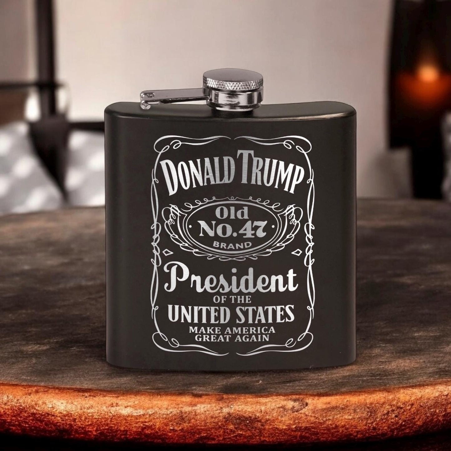 Trump Old No 47 Laser Engraved Black Stainless Steel Hip Flask | Political Gift | Trump 2024 Flask | Trump Merch / Valentine's Day Gift