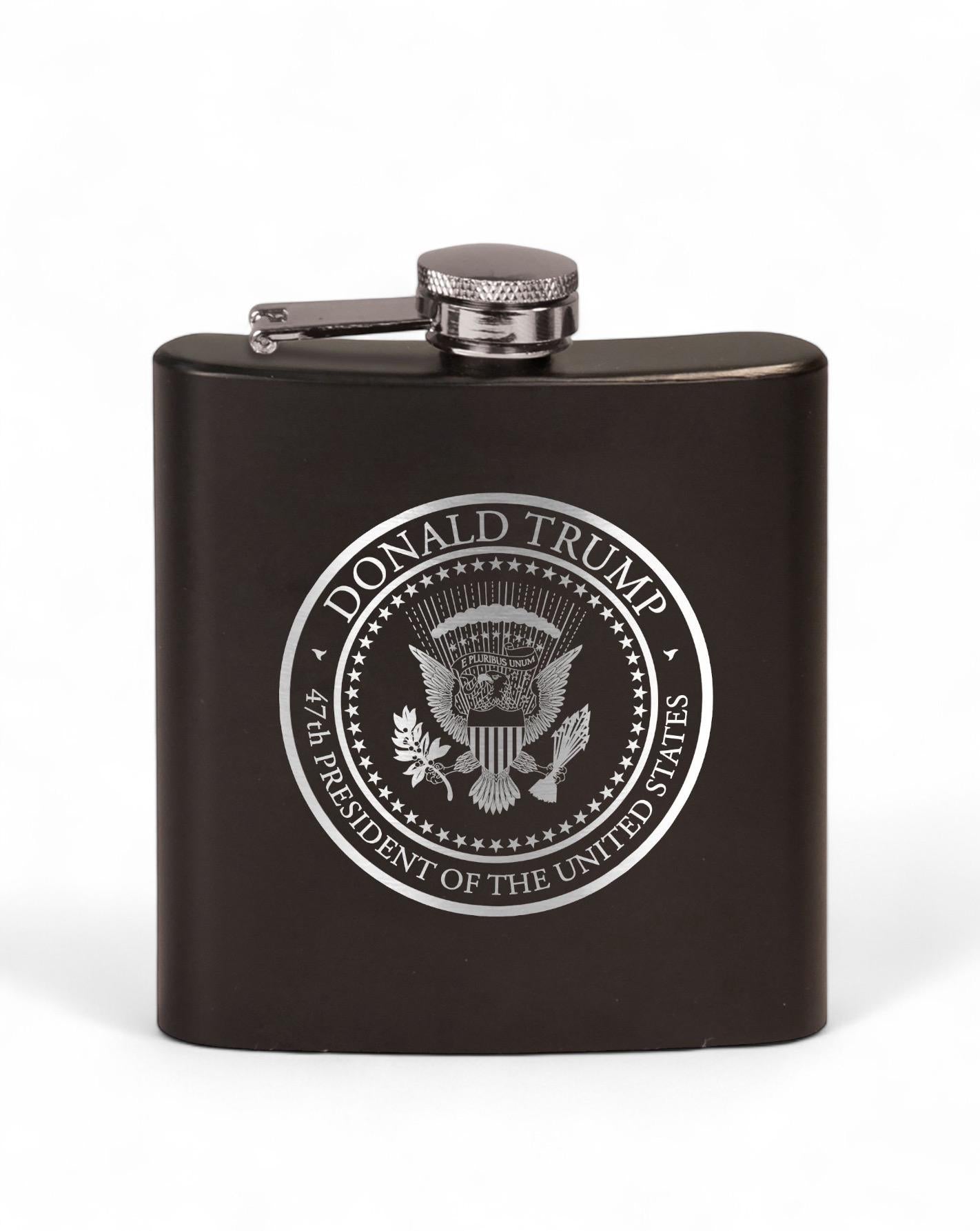 Trump 47th Presidential Seal Laser Engraved Black Stainless Steel Hip Flask | Political Gift | Trump 2024 Flask | Trump Merch / Valentine's Day Gift
