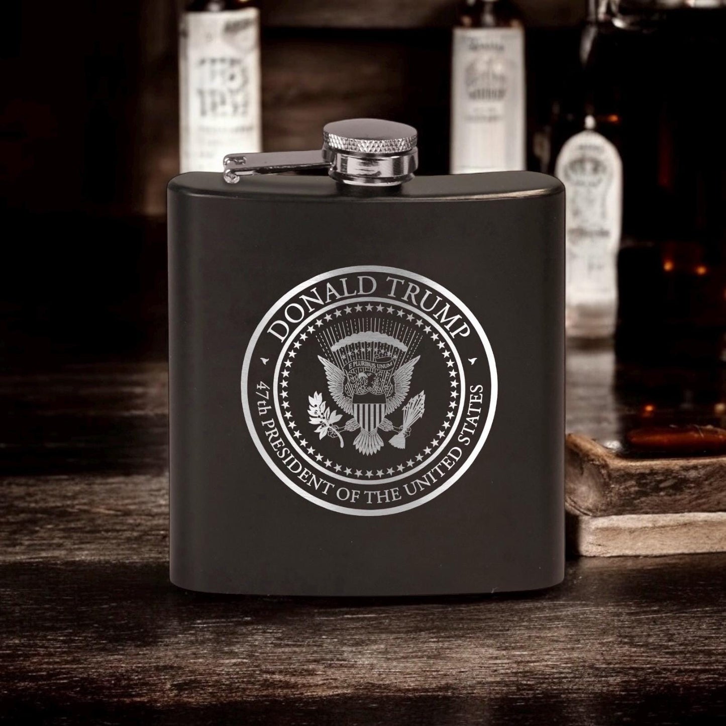Trump 47th Presidential Seal Laser Engraved Black Stainless Steel Hip Flask | Political Gift | Trump 2024 Flask | Trump Merch / Valentine's Day Gift