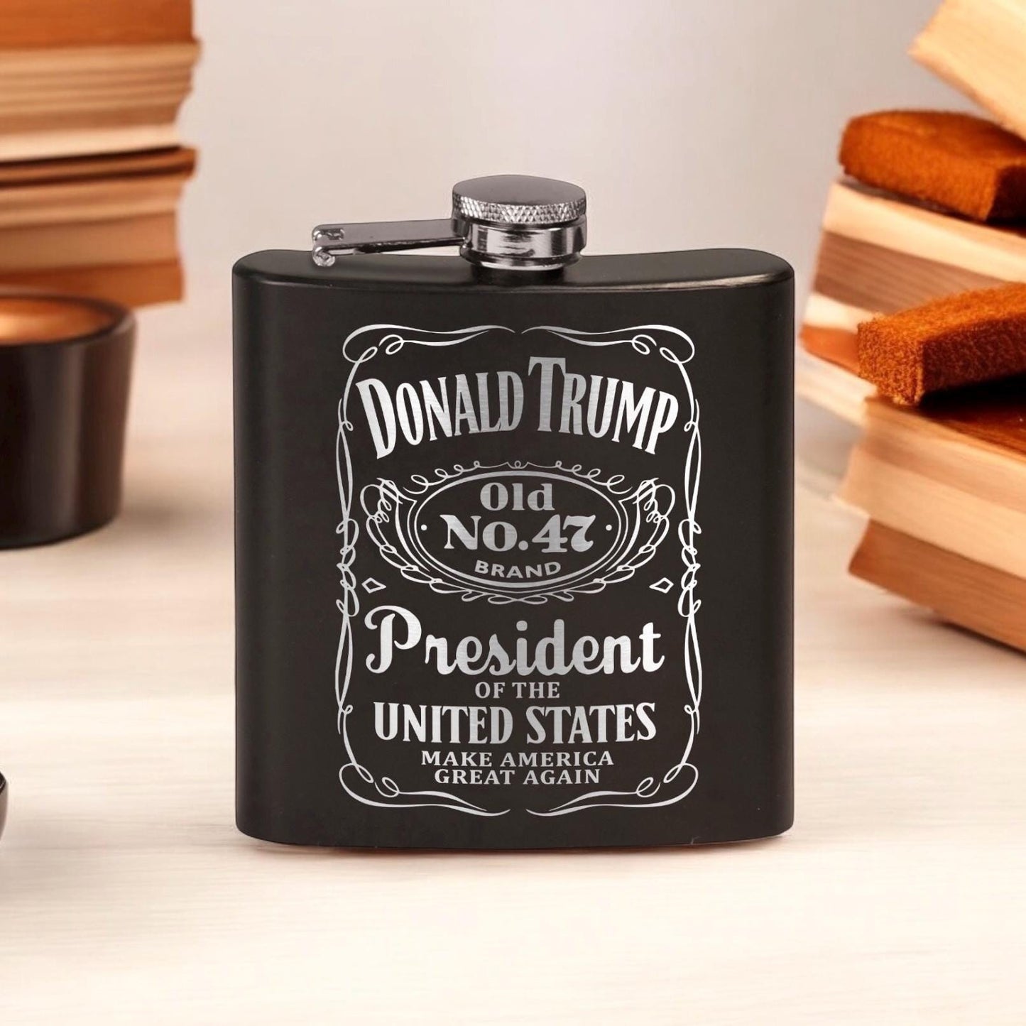 Trump Old No 47 Laser Engraved Black Stainless Steel Hip Flask | Political Gift | Trump 2024 Flask | Trump Merch / Valentine's Day Gift