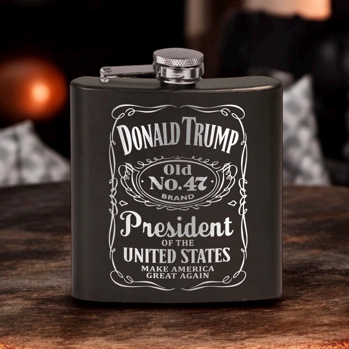 Trump Old No 47 Laser Engraved Black Stainless Steel Hip Flask | Political Gift | Trump 2024 Flask | Trump Merch / Valentine's Day Gift