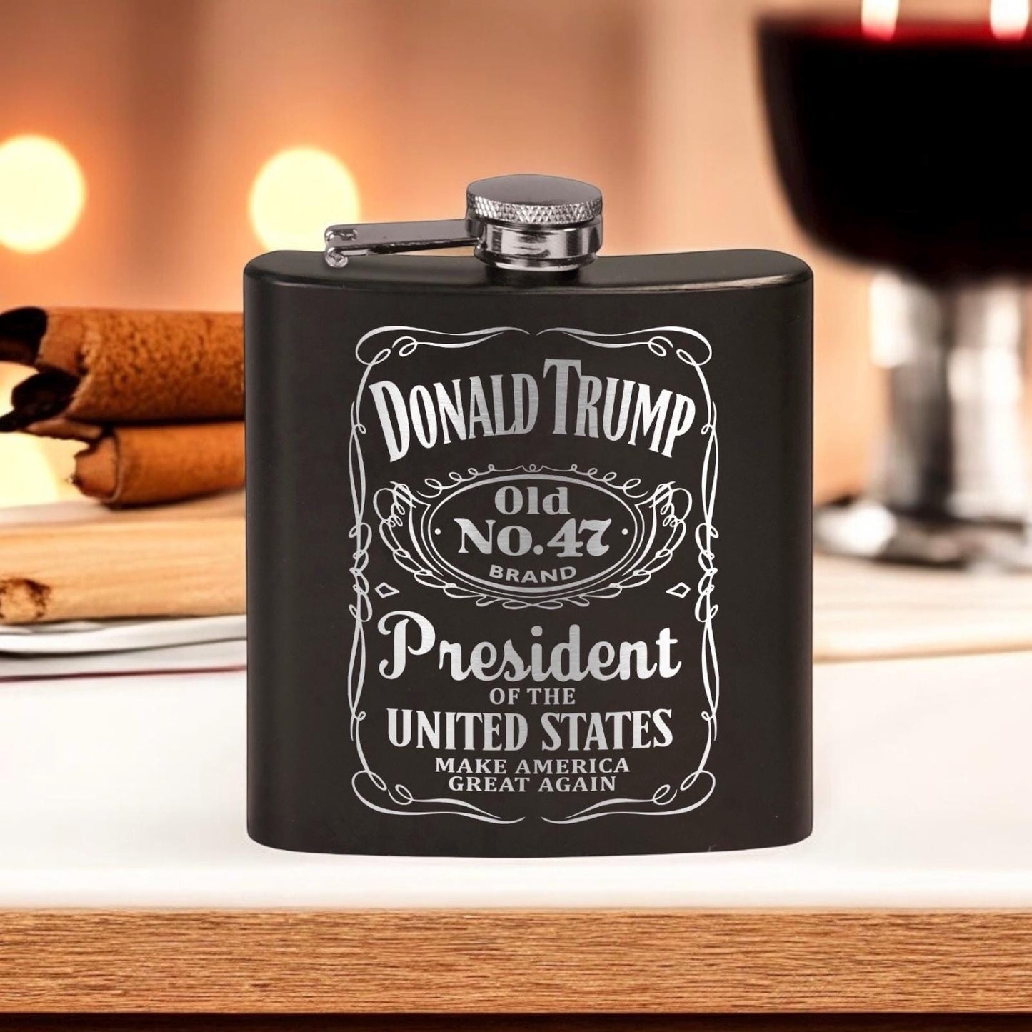 Trump Old No 47 Laser Engraved Black Stainless Steel Hip Flask | Political Gift | Trump 2024 Flask | Trump Merch / Valentine's Day Gift