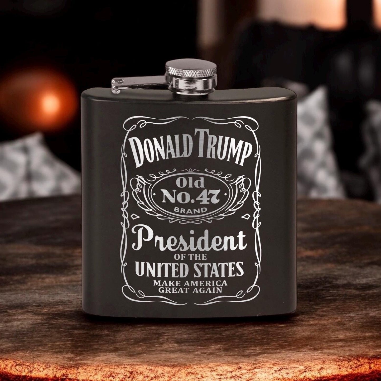 Trump Old No 47 Laser Engraved Black Stainless Steel Hip Flask | Political Gift | Trump 2024 Flask | Trump Merch / Valentine's Day Gift