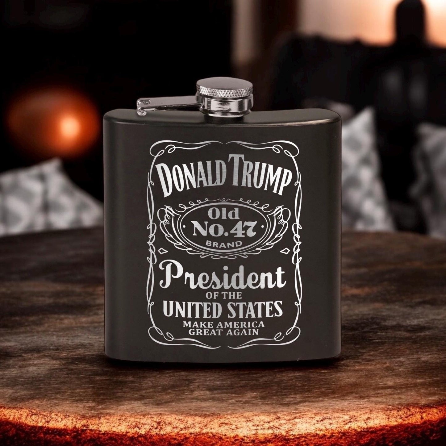 Trump Old No 47 Laser Engraved Black Stainless Steel Hip Flask | Political Gift | Trump 2024 Flask | Trump Merch / Valentine's Day Gift