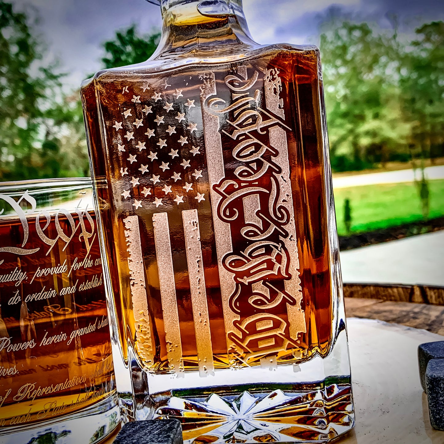 We The People American Flag 360 Wrap U.S. Constitution Glass Engraved Whiskey Decanter or Decanter Set of 3 / Father's Day Gift / Valentine's Day Gift