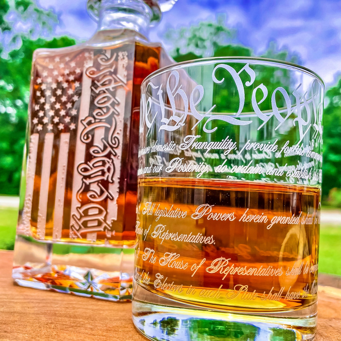 We The People American Flag 360 Wrap U.S. Constitution Glass Engraved Whiskey Decanter or Decanter Set of 3 / Father's Day Gift / Valentine's Day Gift
