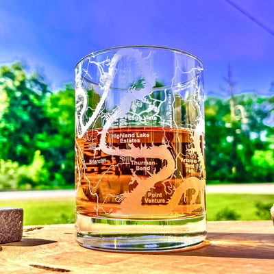 Lake Travis Area Map Whiskey Glass  360 Engraved  (13.5oz) / Father's Day Gift