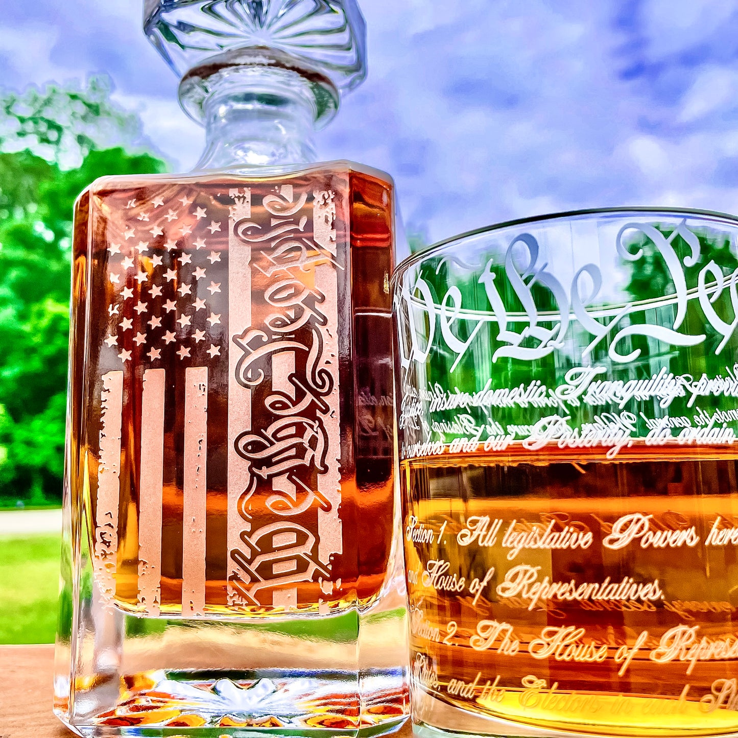 We The People American Flag 360 Wrap U.S. Constitution Glass Engraved Whiskey Decanter or Decanter Set of 3 / Father's Day Gift / Valentine's Day Gift