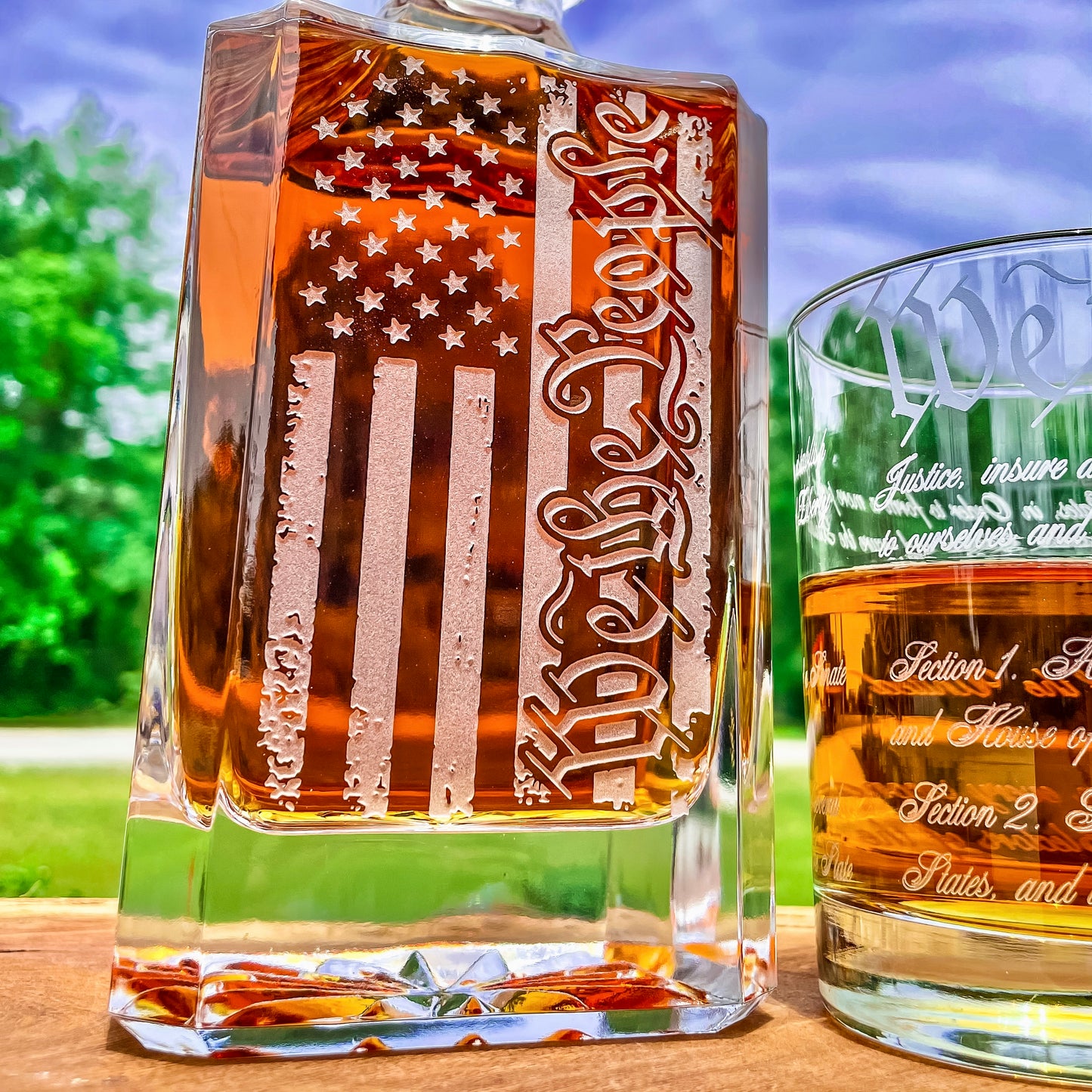 We The People American Flag 360 Wrap U.S. Constitution Glass Engraved Whiskey Decanter or Decanter Set of 3 / Father's Day Gift / Valentine's Day Gift