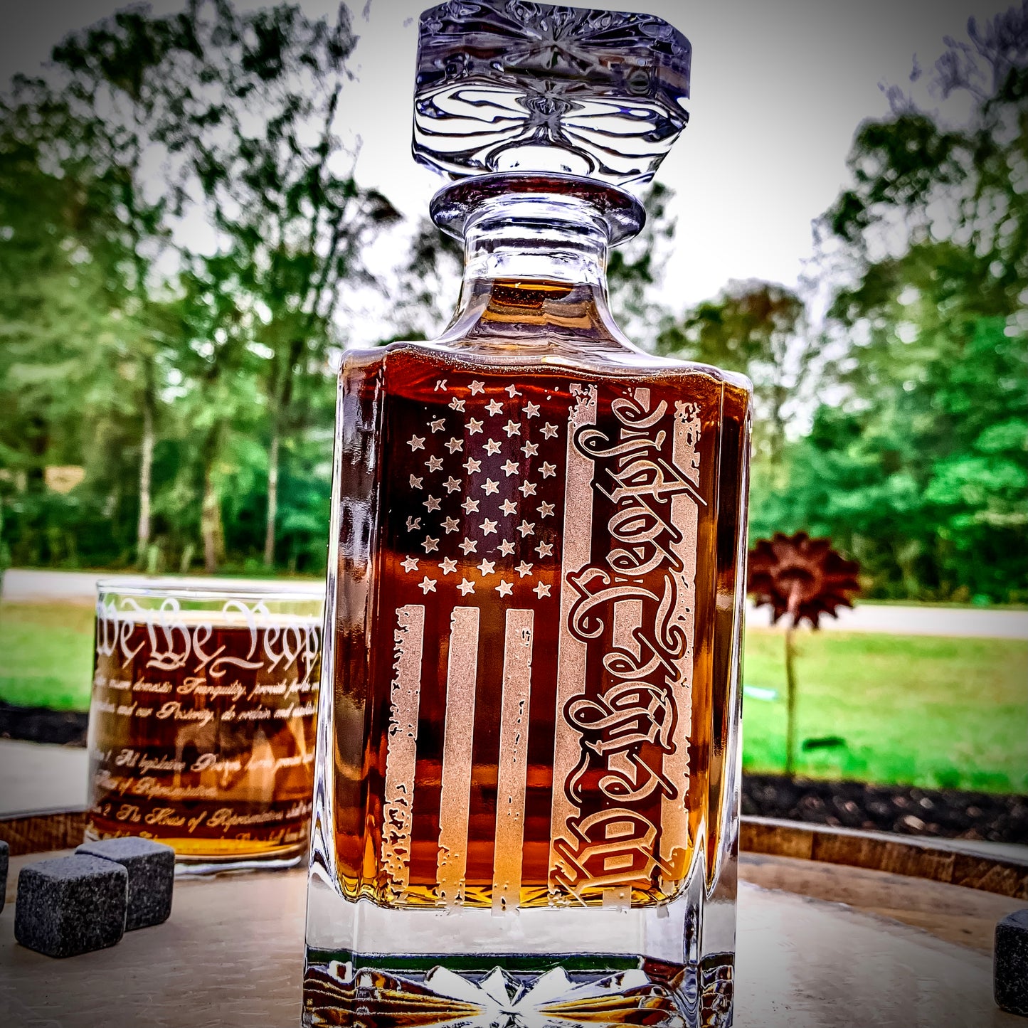 We The People American Flag 360 Wrap U.S. Constitution Glass Engraved Whiskey Decanter or Decanter Set of 3 / Father's Day Gift / Valentine's Day Gift