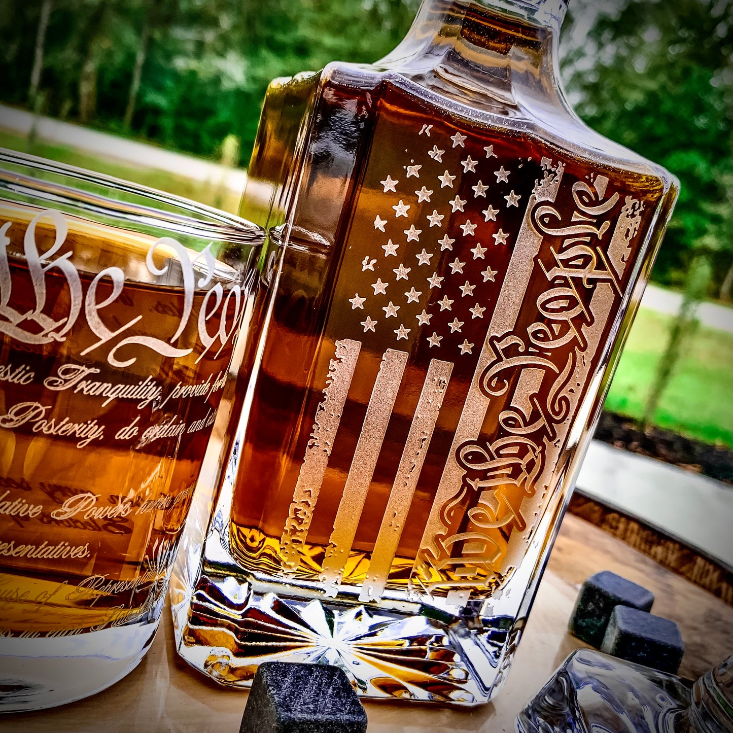We The People American Flag 360 Wrap U.S. Constitution Glass Engraved Whiskey Decanter or Decanter Set of 3 / Father's Day Gift / Valentine's Day Gift