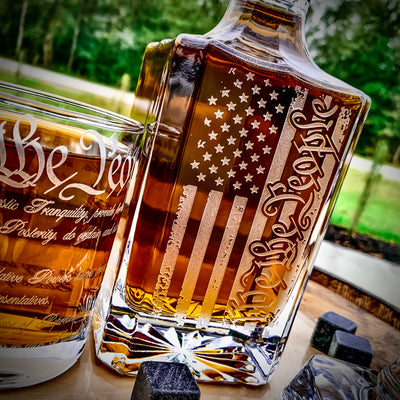We The People American Flag  360 Wrap U.S. Constitution Glass  Engraved Whiskey Decanter or Decanter Set of 3    / Father's Day Gift