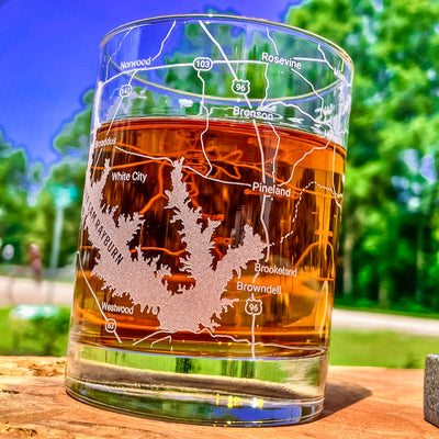 Lake Sam Rayburn Area Map Whiskey Glass  360 Engraved  (13.5oz) / Father's Day Gift