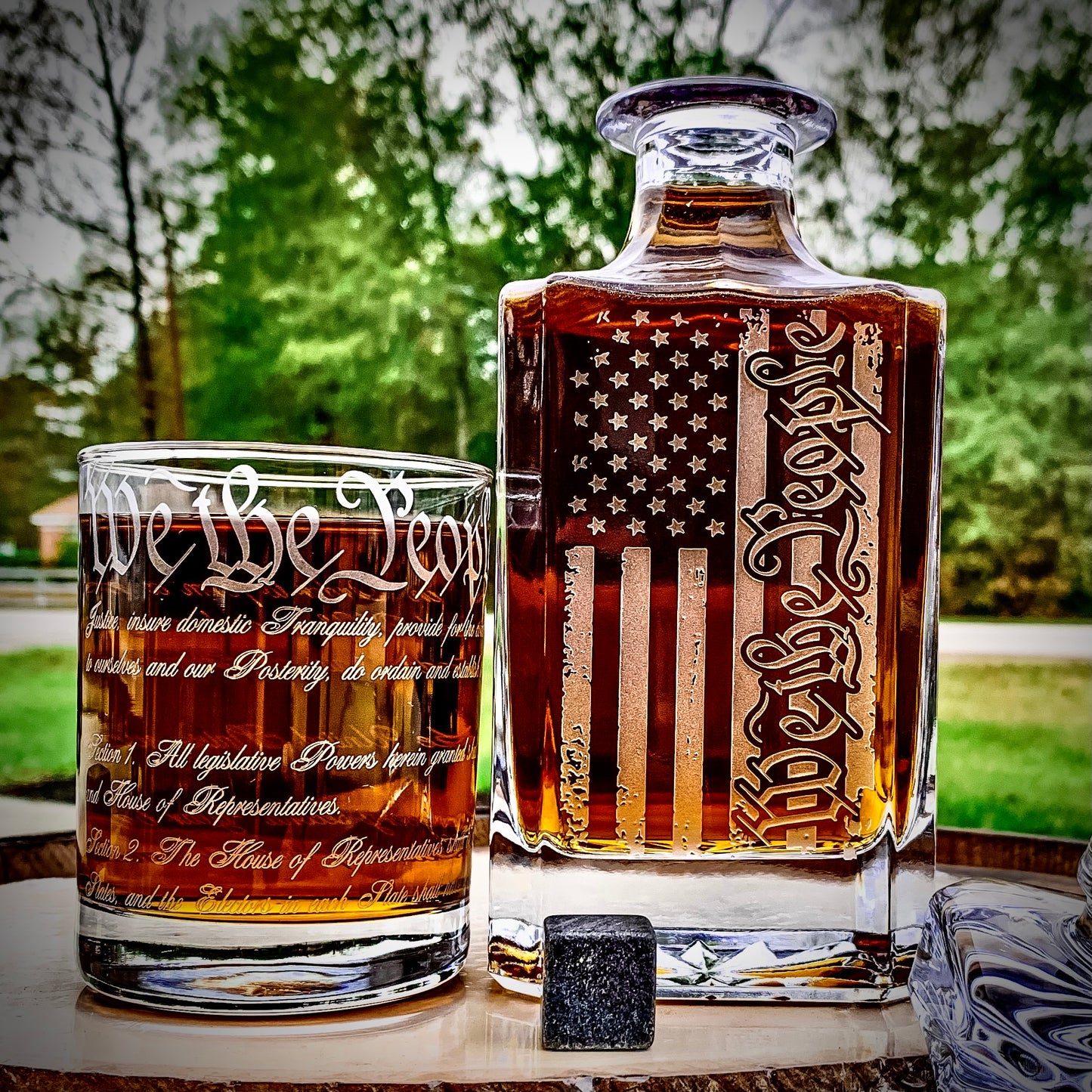 We The People American Flag 360 Wrap U.S. Constitution Glass Engraved Whiskey Decanter or Decanter Set of 3 / Father's Day Gift / Valentine's Day Gift