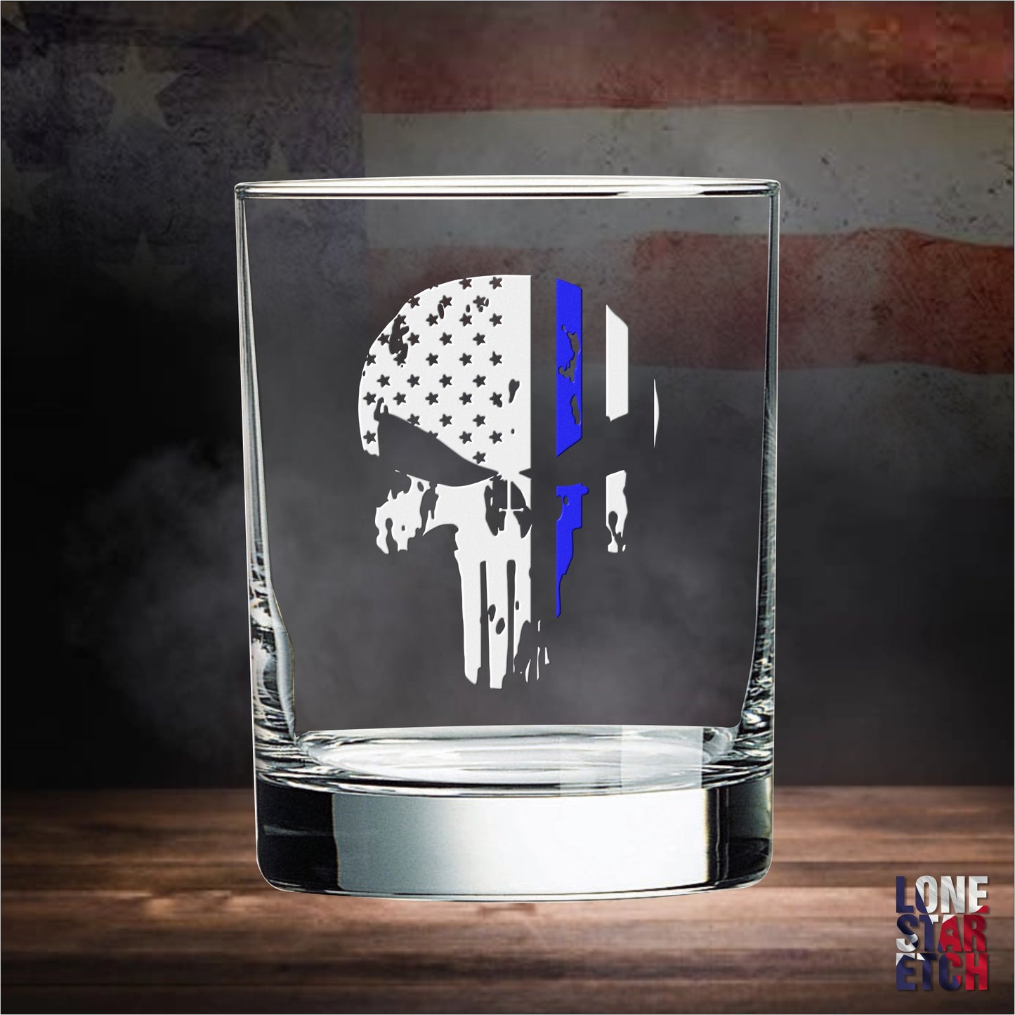 Thin Blue Line Punisher American Flag Engraved Whiskey Glass / Father's Day Gift / Valentine's Day Gift